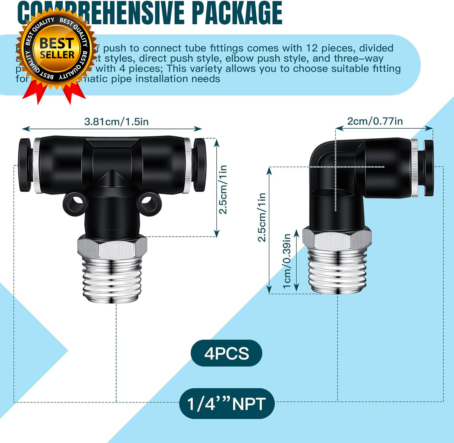 12 Pcs Push to Connect Fittings 1/4 Inch Tube OD X 1/4 NPT Air Line Pneumatic