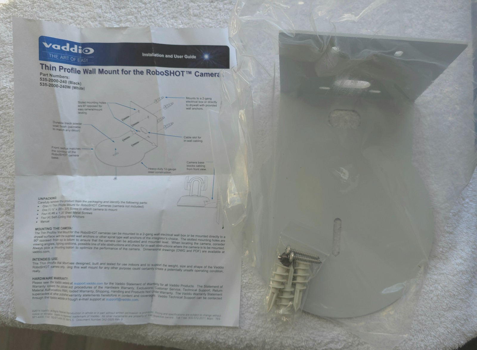Vaddio Thin Profile Wall Mount for RoboSHOT PTZ /or small speaker. 535-2000-240W