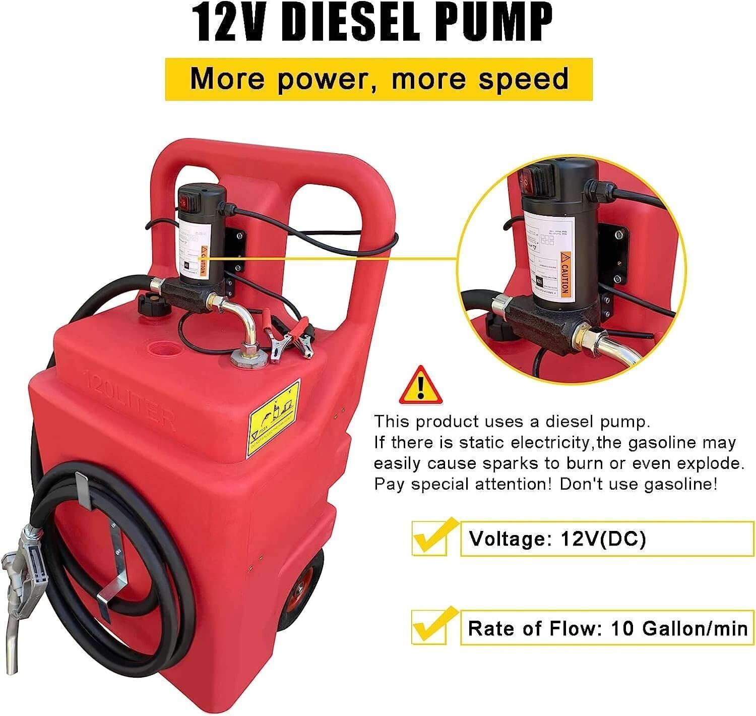 Portable 32 Gallon 120 L Fuel Tank with 12 V Diesel Pump 13 ft Delivery Hose Red