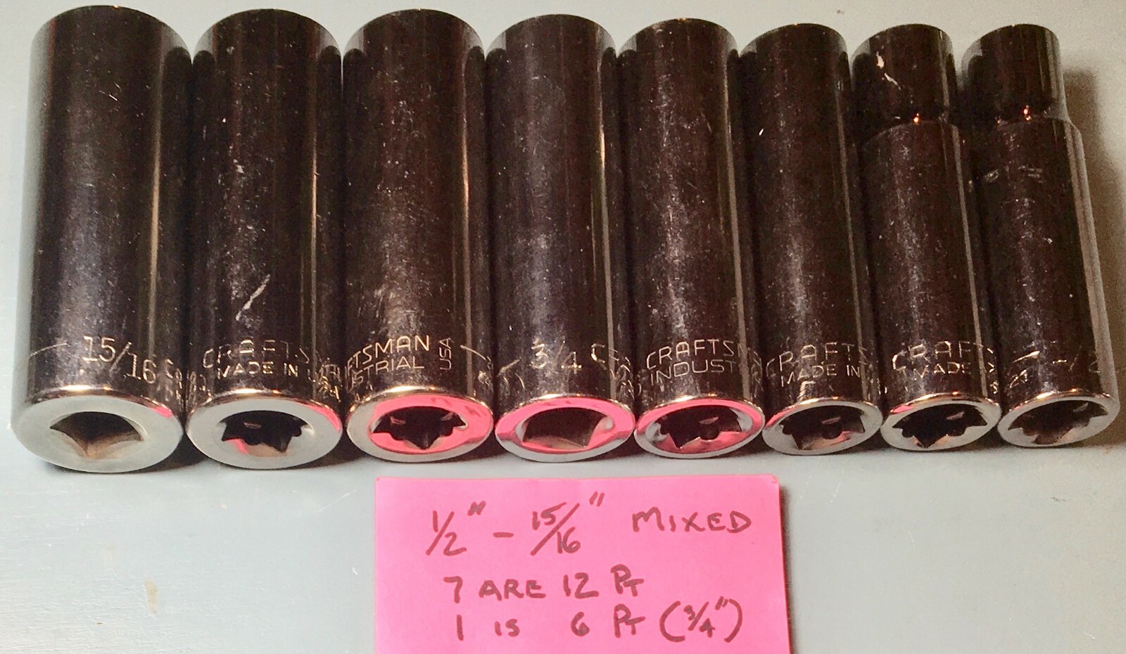 8 PC MIXED CRAFTSMAN/CRAFTSMAN INDUSTRIAL 1/2 DRIVE DEEP SAE SOCKETS 1/2-1516″