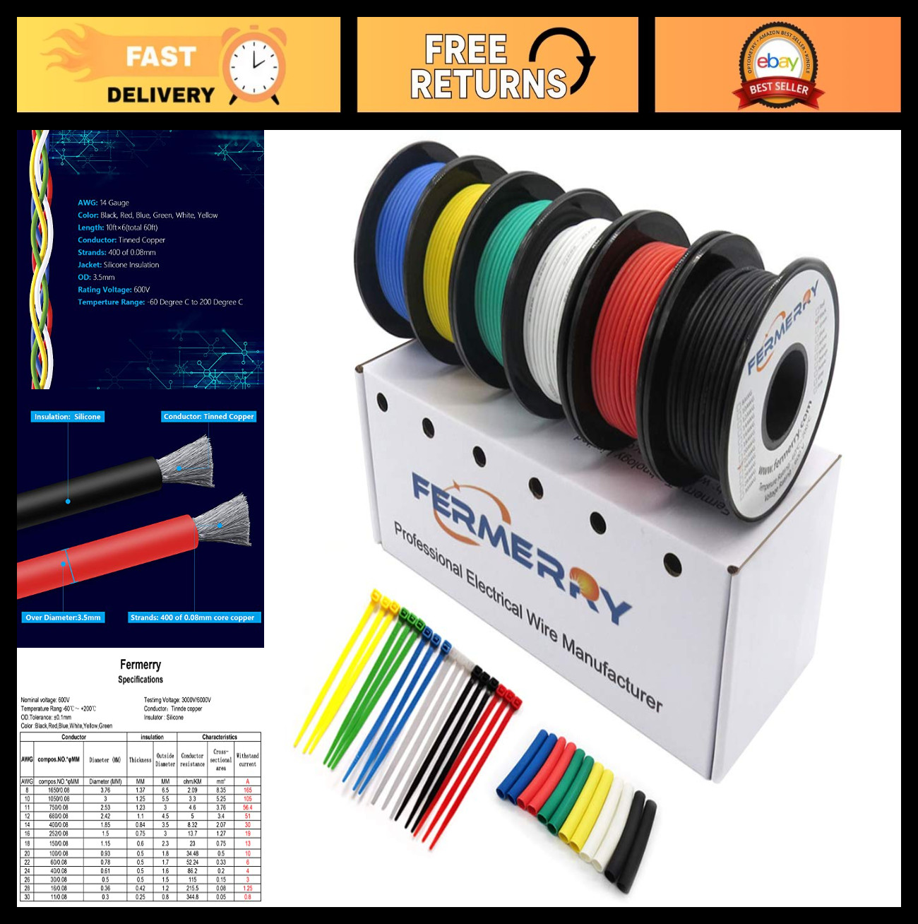 14 AWG Stranded Silicone Wire Kit – 10ft Each, 6 Colors, Tinned Copper, Flexible