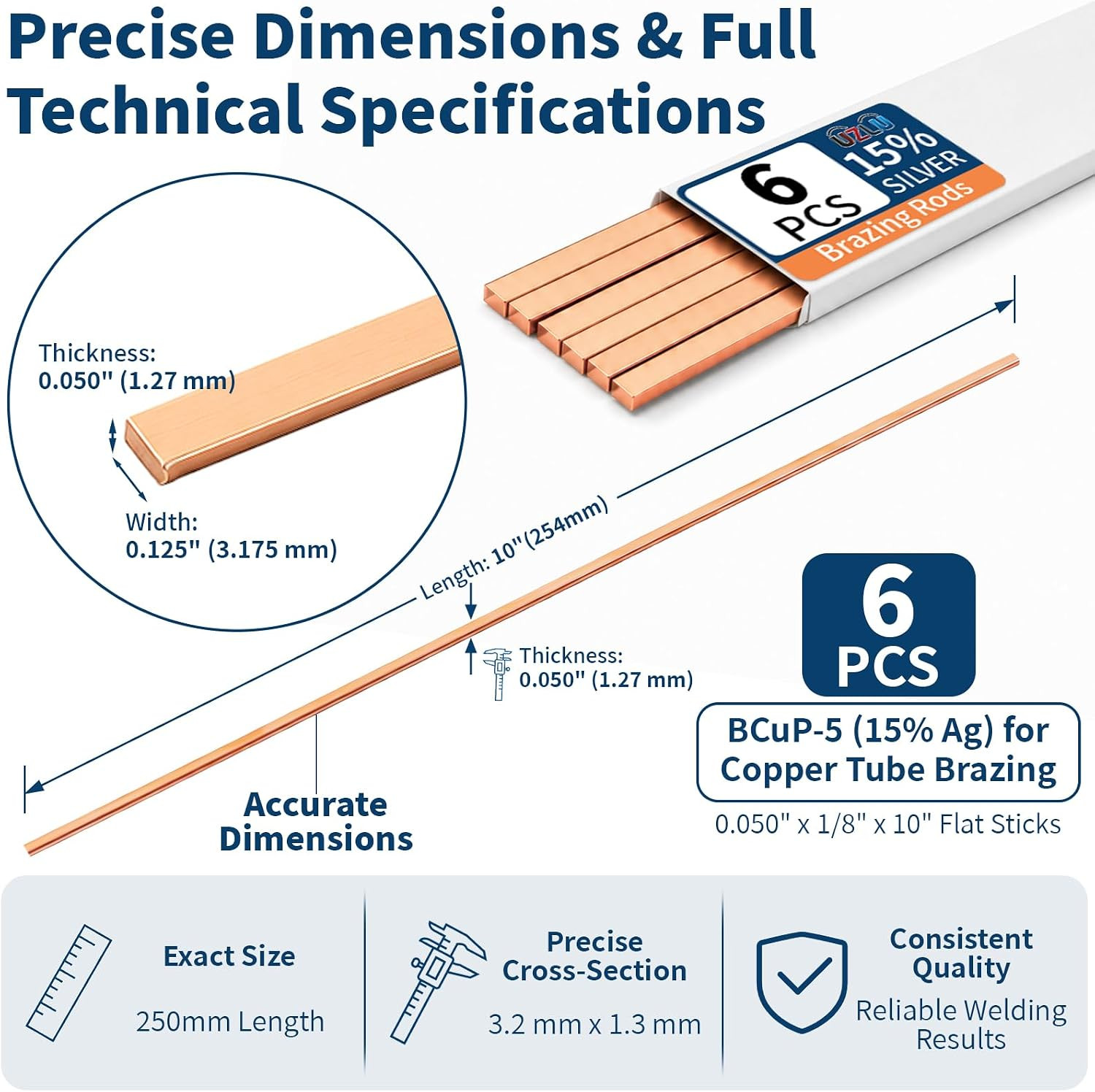 6 PCS 15% Silver Brazing Rods, AWS Bcup-5 Copper Phosphorus Alloy, 0.050″ X 1/8″