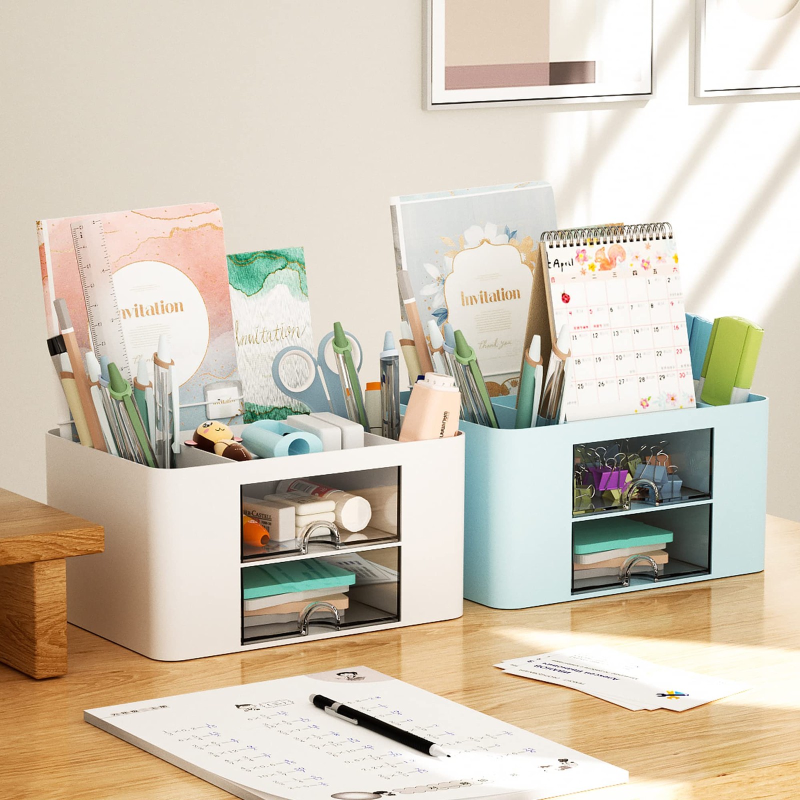 Marbrasse Pen Organizer with 2 Drawer, 7.4 x 5.5 x 3.9 Inch, White