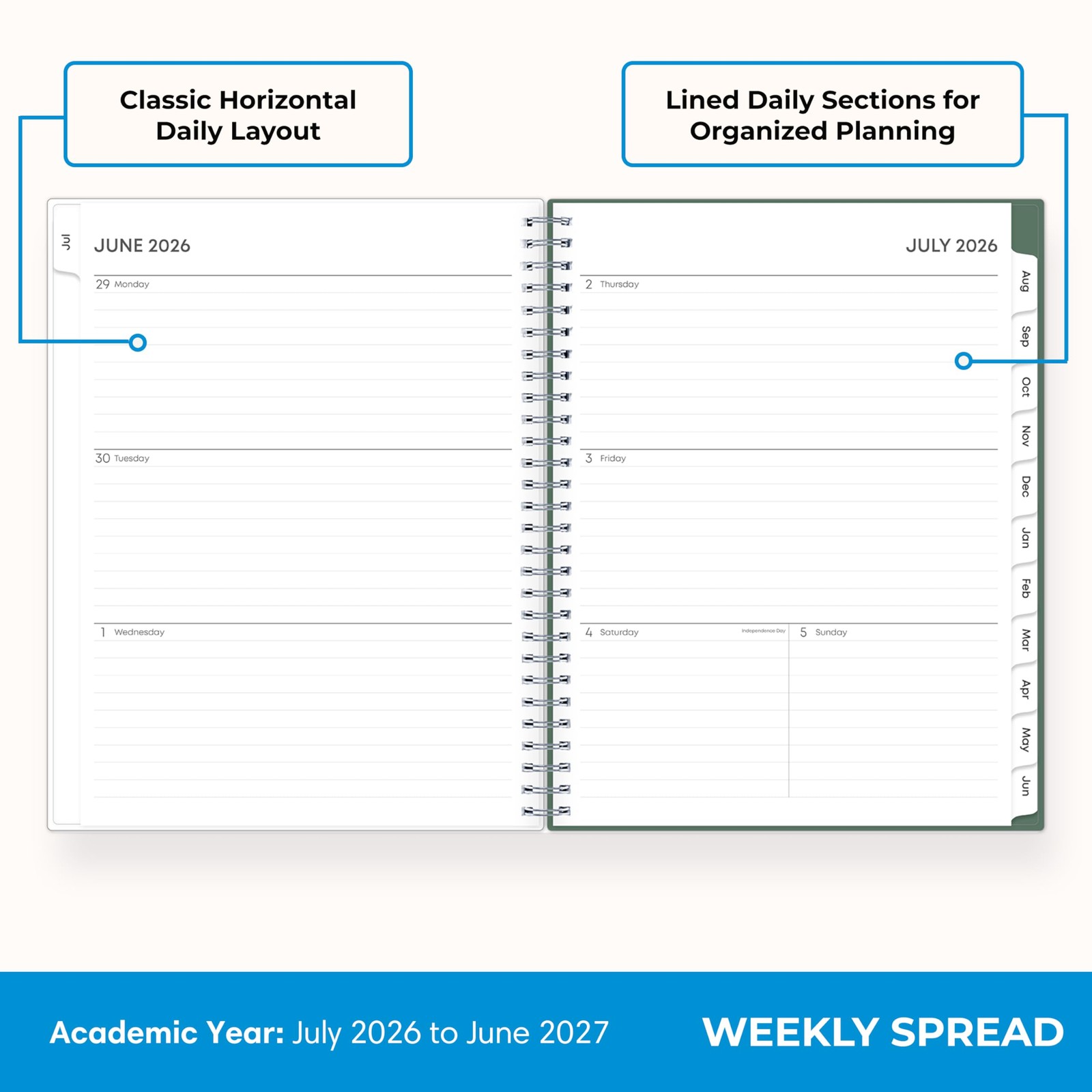 2026-2027 Weekly and Monthly Academic Year Planner Calendar, July 2026 – June…