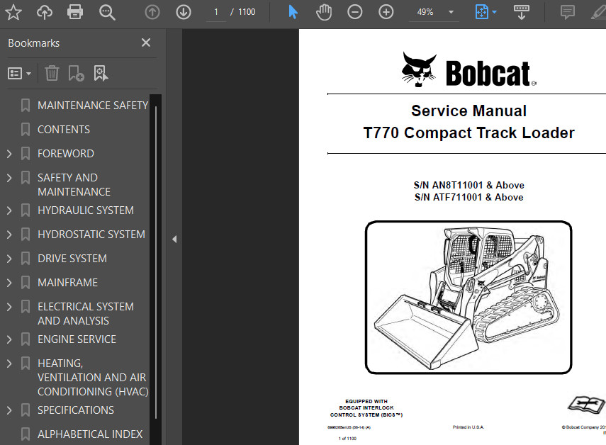 BOBCAT T770 COMPACT TRACK LOADER OPERATORS SERVICE REPAIR SHOP MANUAL PDF USB