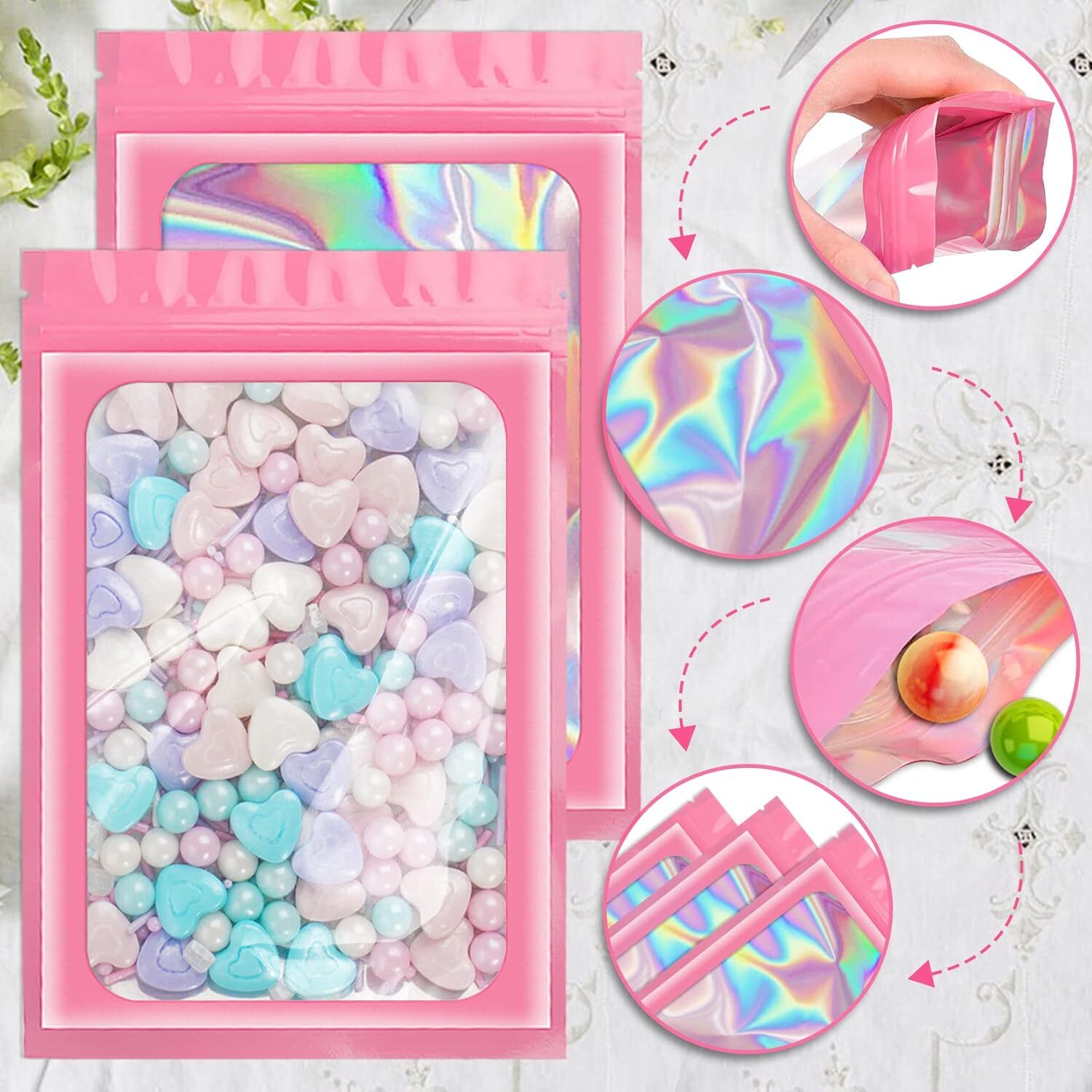 Smell Proof Mylar Bags Holographic Resealable Food Foil Pouches Zipper Lock Pink