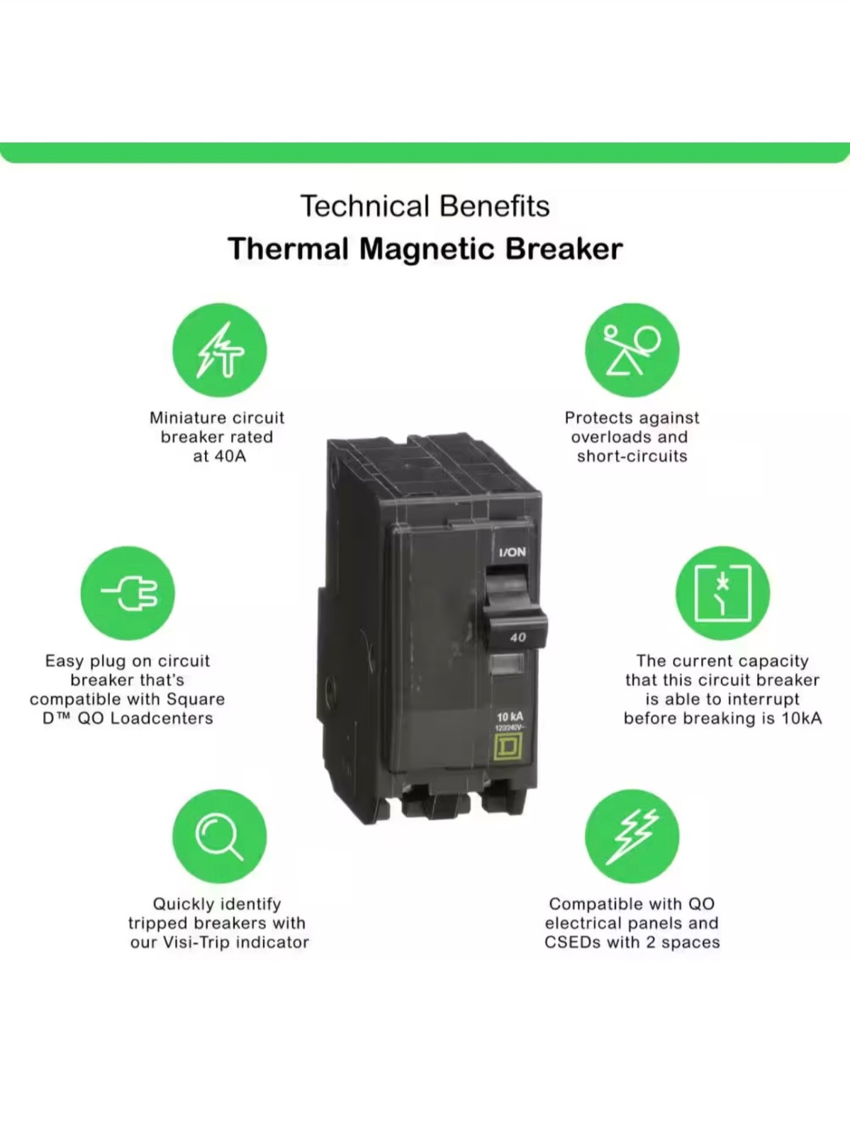 Square D Circuit Breaker QO, 40 Amp, 2 pole, 120/240VAC, 10kA (QO240CP)