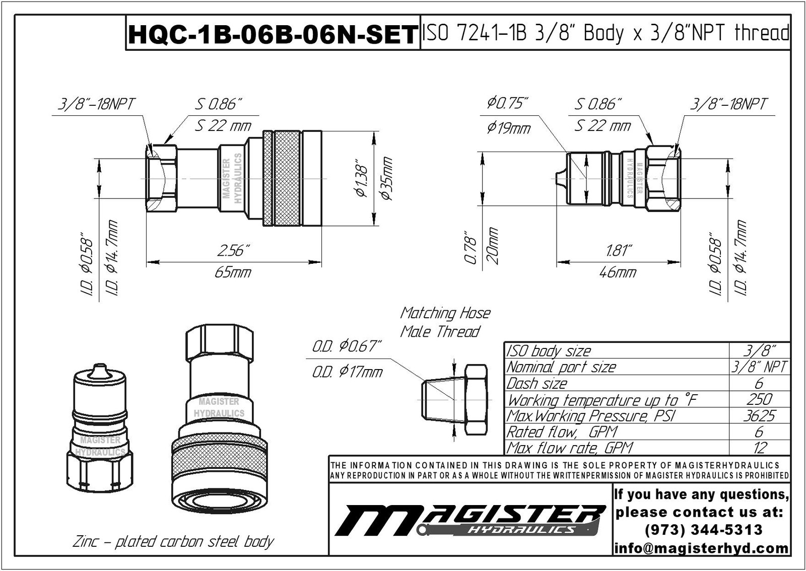 3/8″ ISO 7241-B Quick Disconnect Hydraulic Couplers Set – 3/8″ NPT Thread