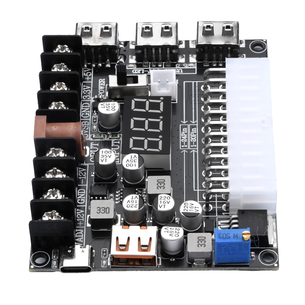 20/24Pin ATX Power Supply Breakout Board Adjustable Voltage Module + Case New