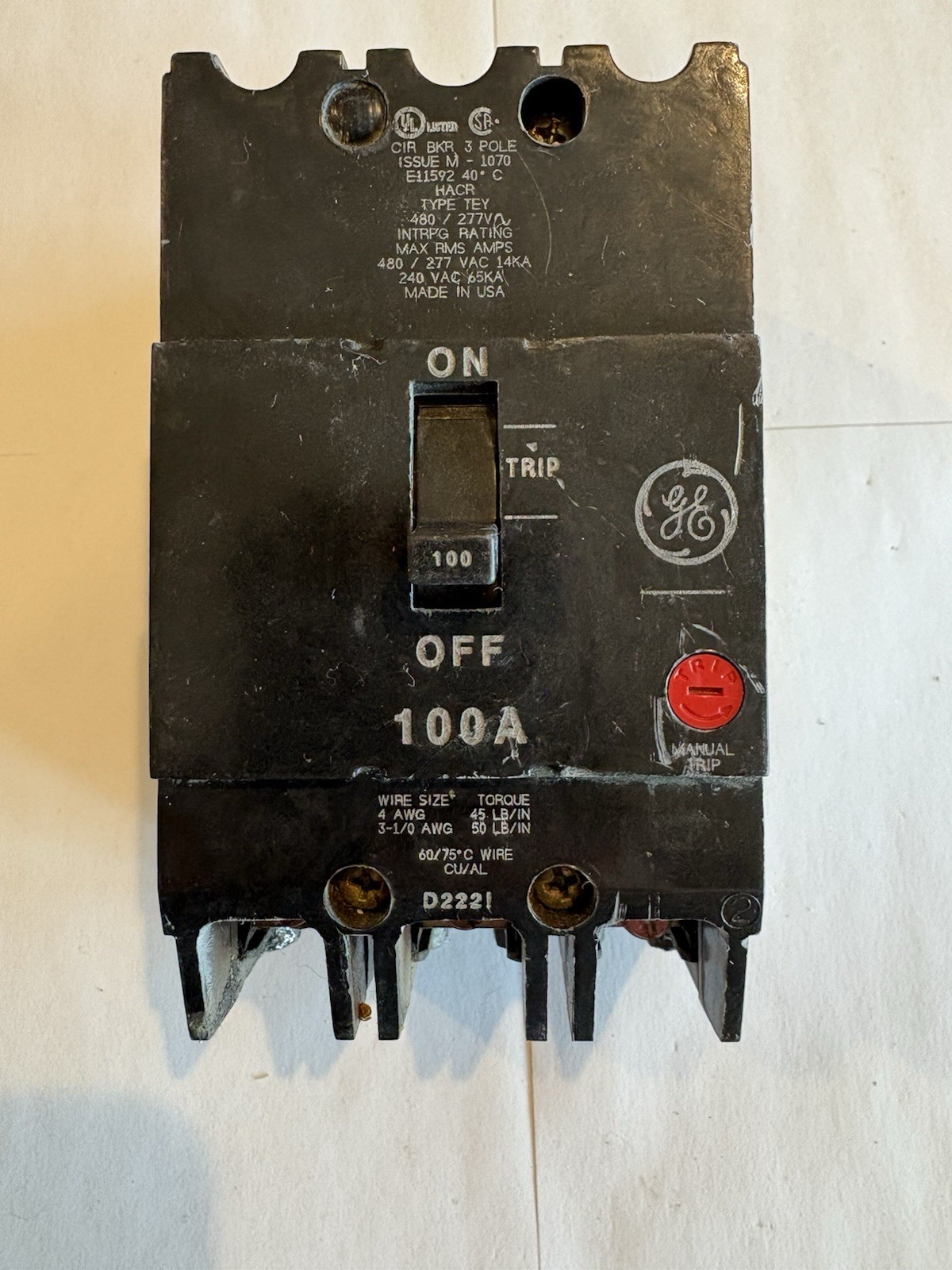 General Electric TEY TEY3100 3 Pole 100 Amp 480/277 V Circuit Breaker