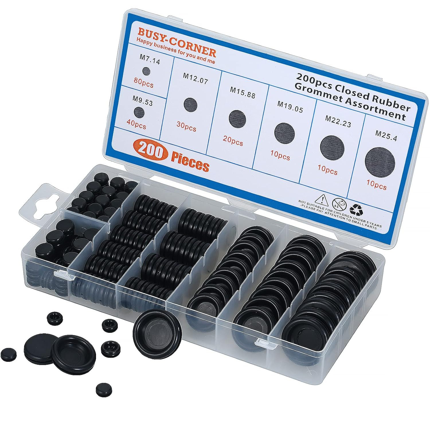 200 PCS 7 Sizes Rubber Grommet Assortment Firewall Solid Closed Hole Plug