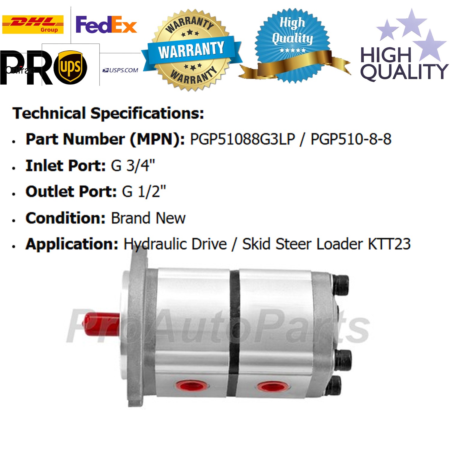 NEW Two-Section Hydraulic Gear Pump PGP51088G3LP for KTT23 Skid Steer Loader
