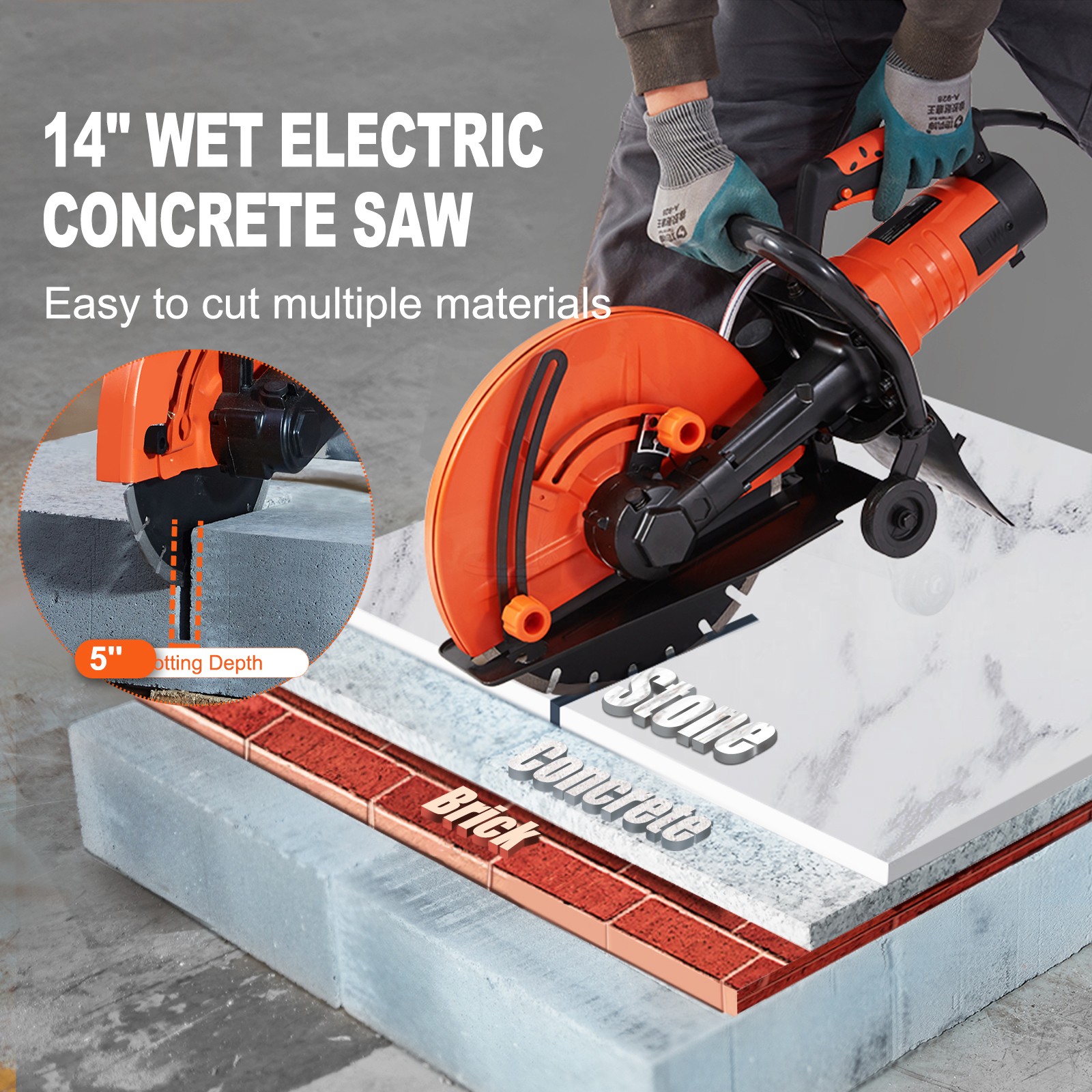 VEVOR 14» Electric Concrete Saw Wet/Dry Saw Cutter with Water Pump and Blade