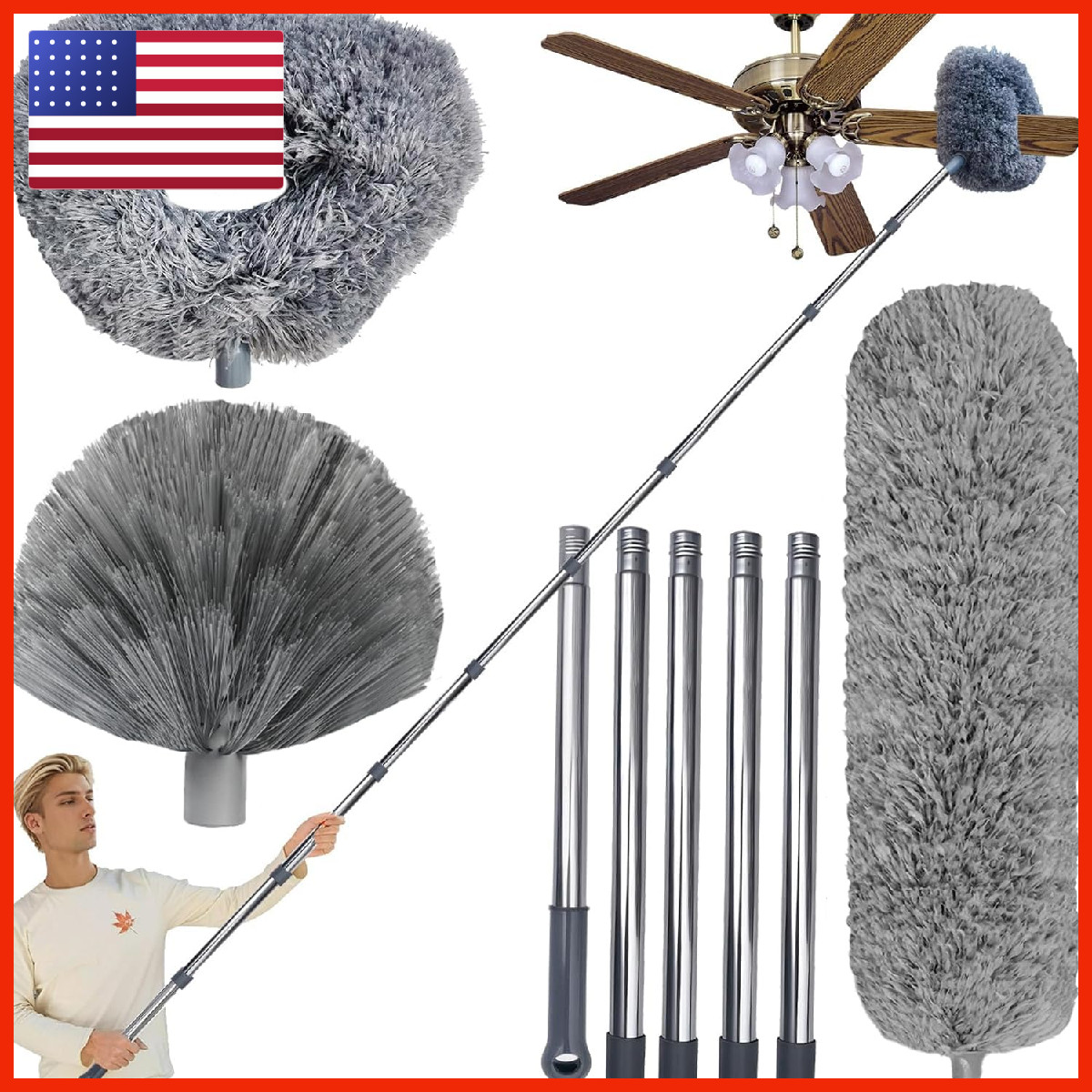 Tonmp 20 Ft High Reach Ceiling Fan Brush 3-14 Ft Spliceable Pole Microfiber