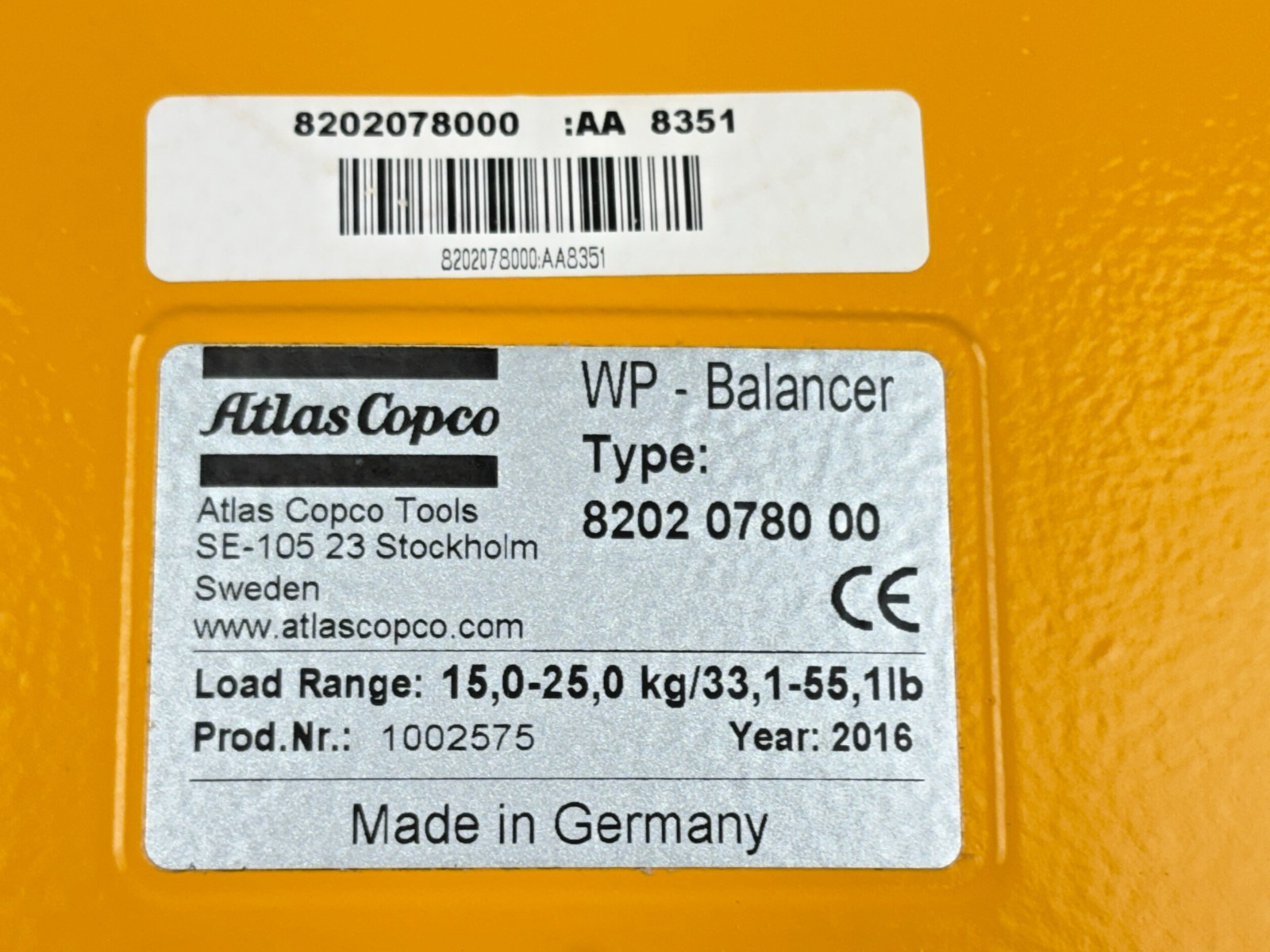 Atlas Copco 8202 0780 00 WP Balancer, 15 – 25 kg, 33.1 – 55.1 lbs, 8202078000