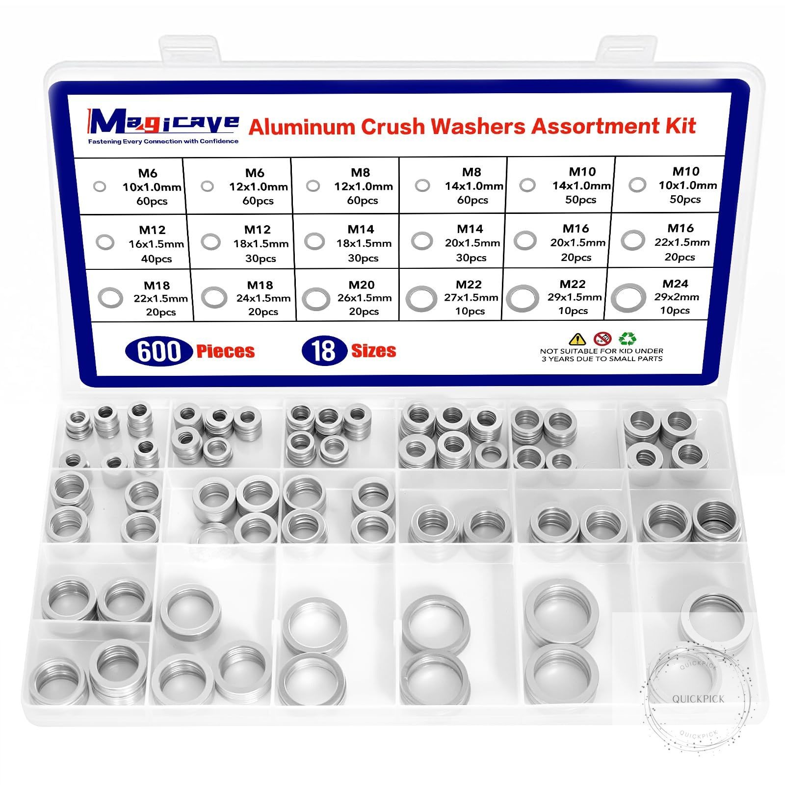 600 Pcs Aluminum Crush Washer Assortment Kit – 18 Sizes Oil Drain Plug Gasket