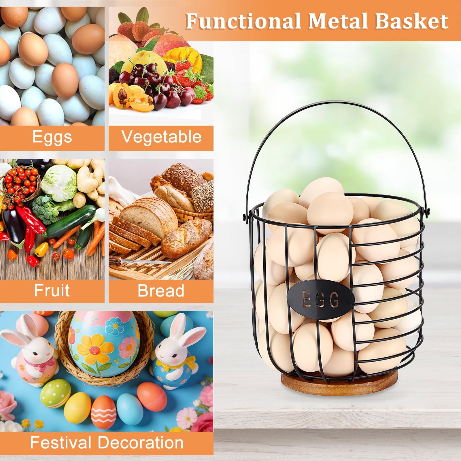 6.5» Farmhouse Egg Basket for Gathering Fresh Eggs, Metal Egg Holder Counter…