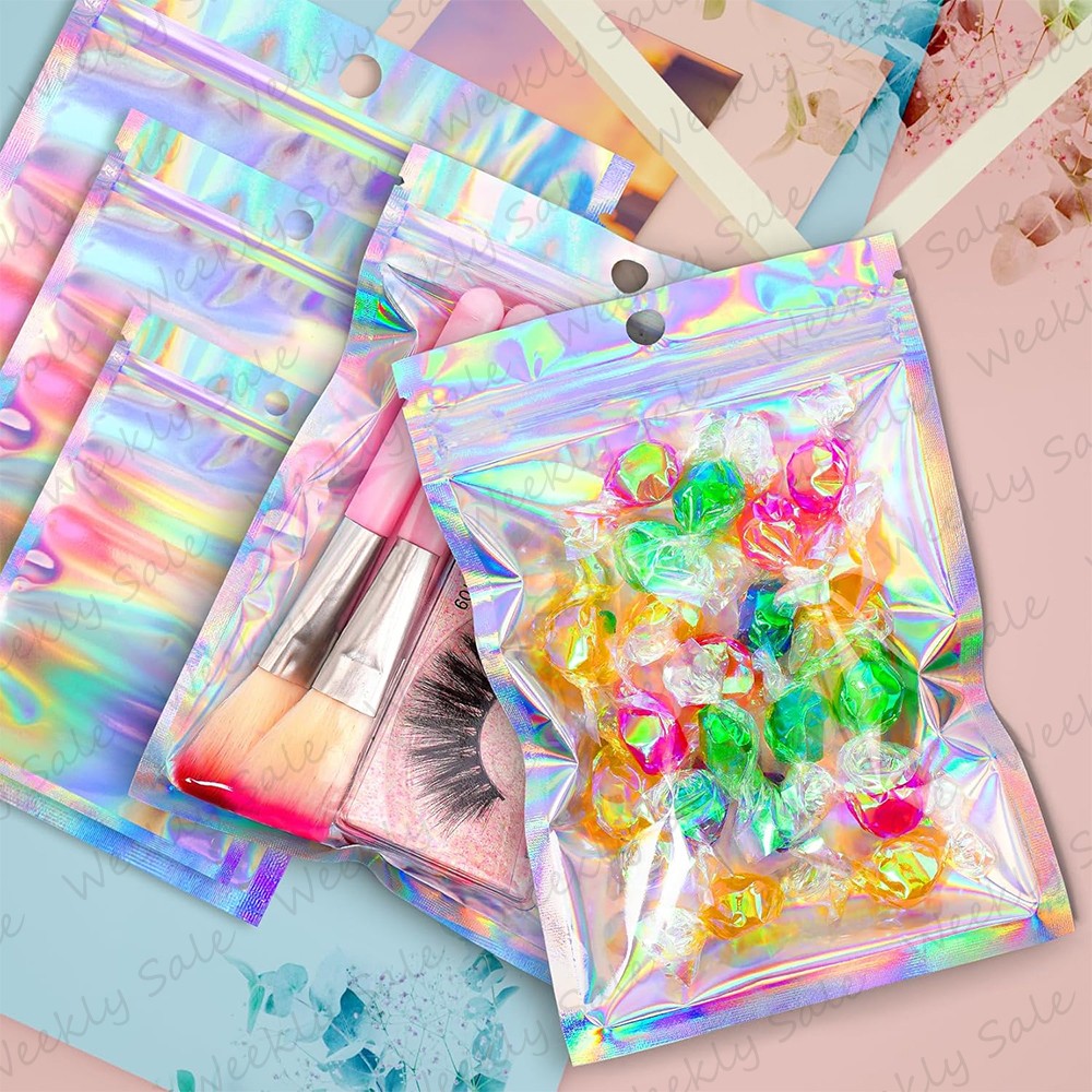 Holographic Mylar Foil Bags Smell Proof Resealable Zip Lock Pouch Rainbow Color