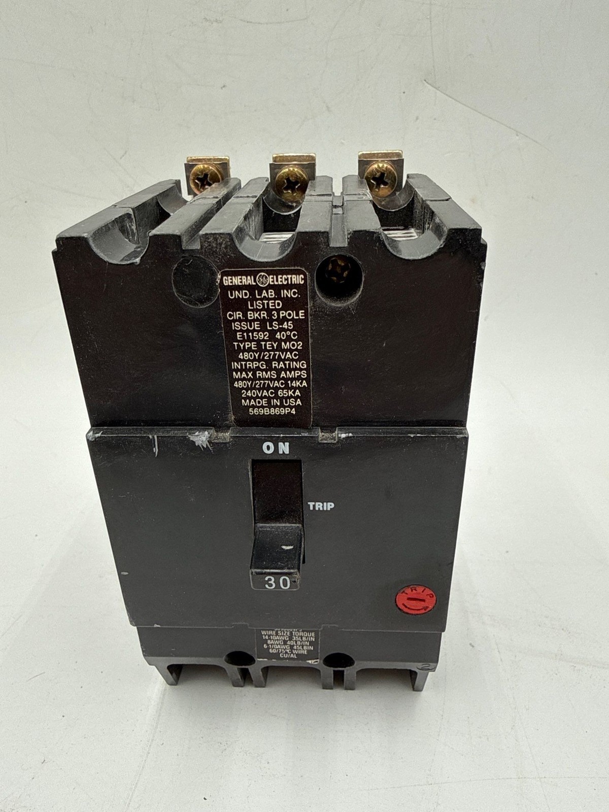 GE TEY330 Circuit Breaker 30A 3P 480/277V TEY 3 Pole 30 Amp Paper Label