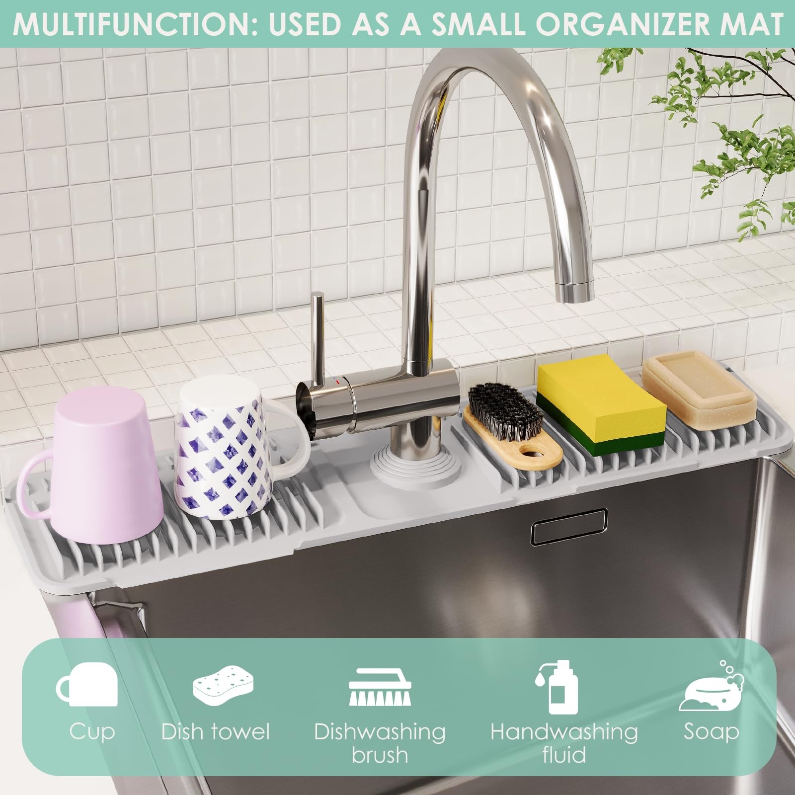24 Inch Silicone Faucet Mat for Kitchen Sink Splash Guard – 7° Slope Water Drain