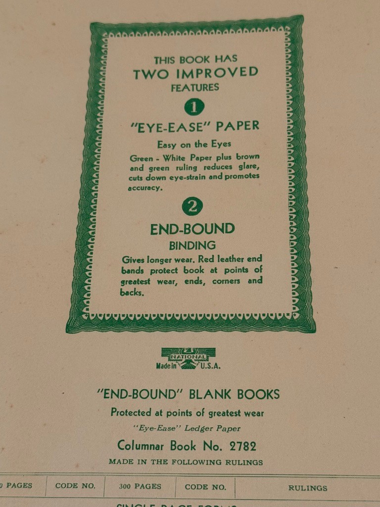 National Columnar Book No. 2782 End Bound Ledger Book Eye-Ease