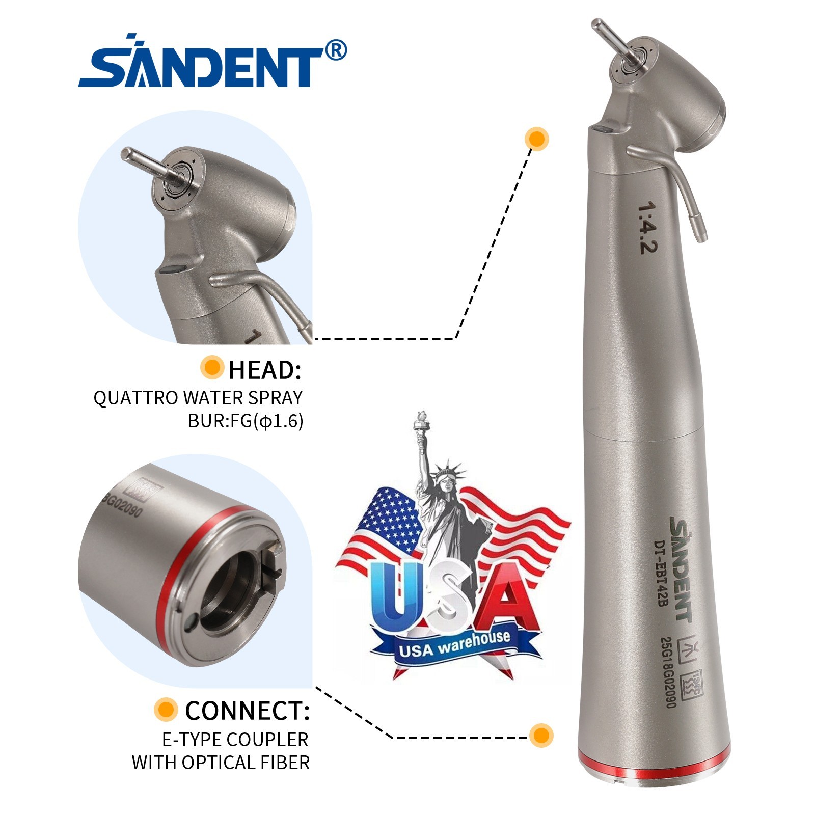 SANDENT Handpiece LED 1:4.2 Contra Angle 45° Surgical External Spray