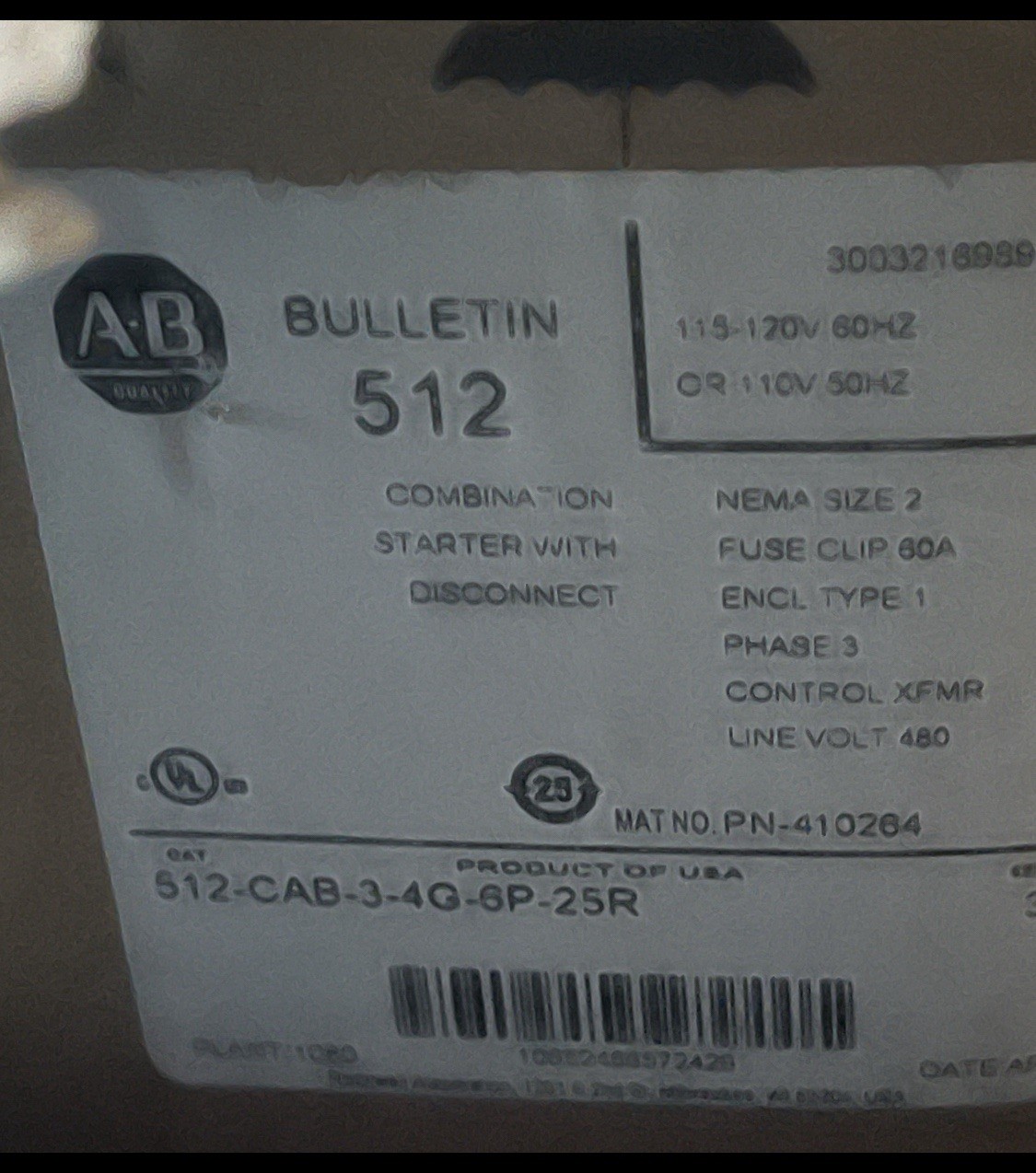 Allen Bradley 512-CAB-3-4G-6P-25R Combination Starter New