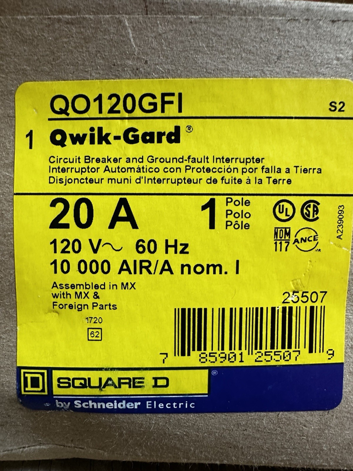 Square D QO120GFI 20A 1 Pole 120V Ground Fault Circuit Breaker NEW