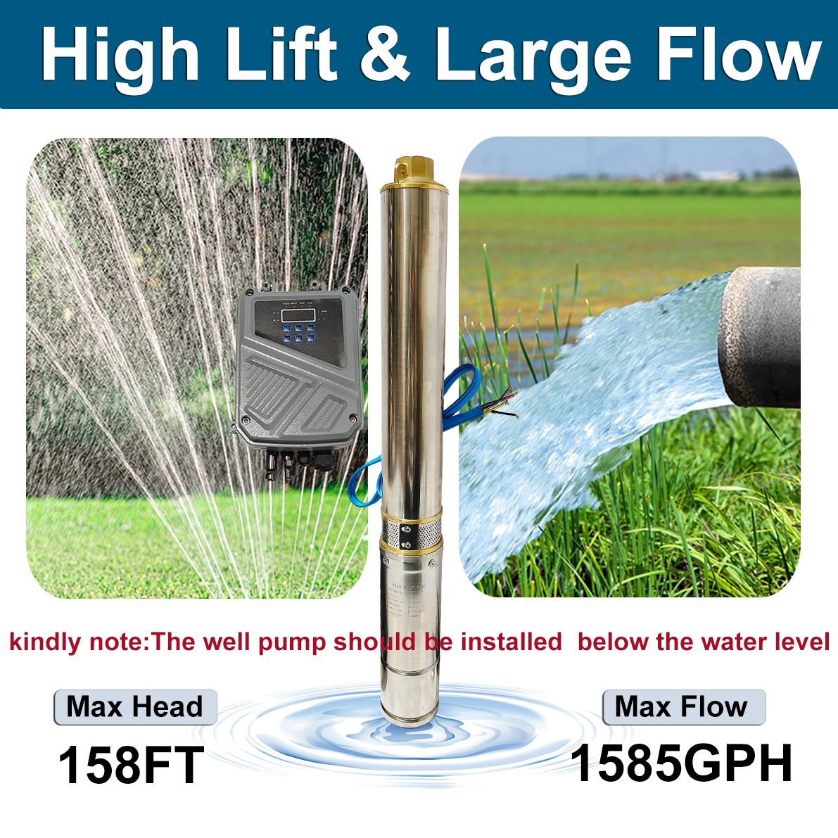 2HP 4in Solar Pump Submersible Pump Bore Deep Well Pump+MPPT Controller DC 110V