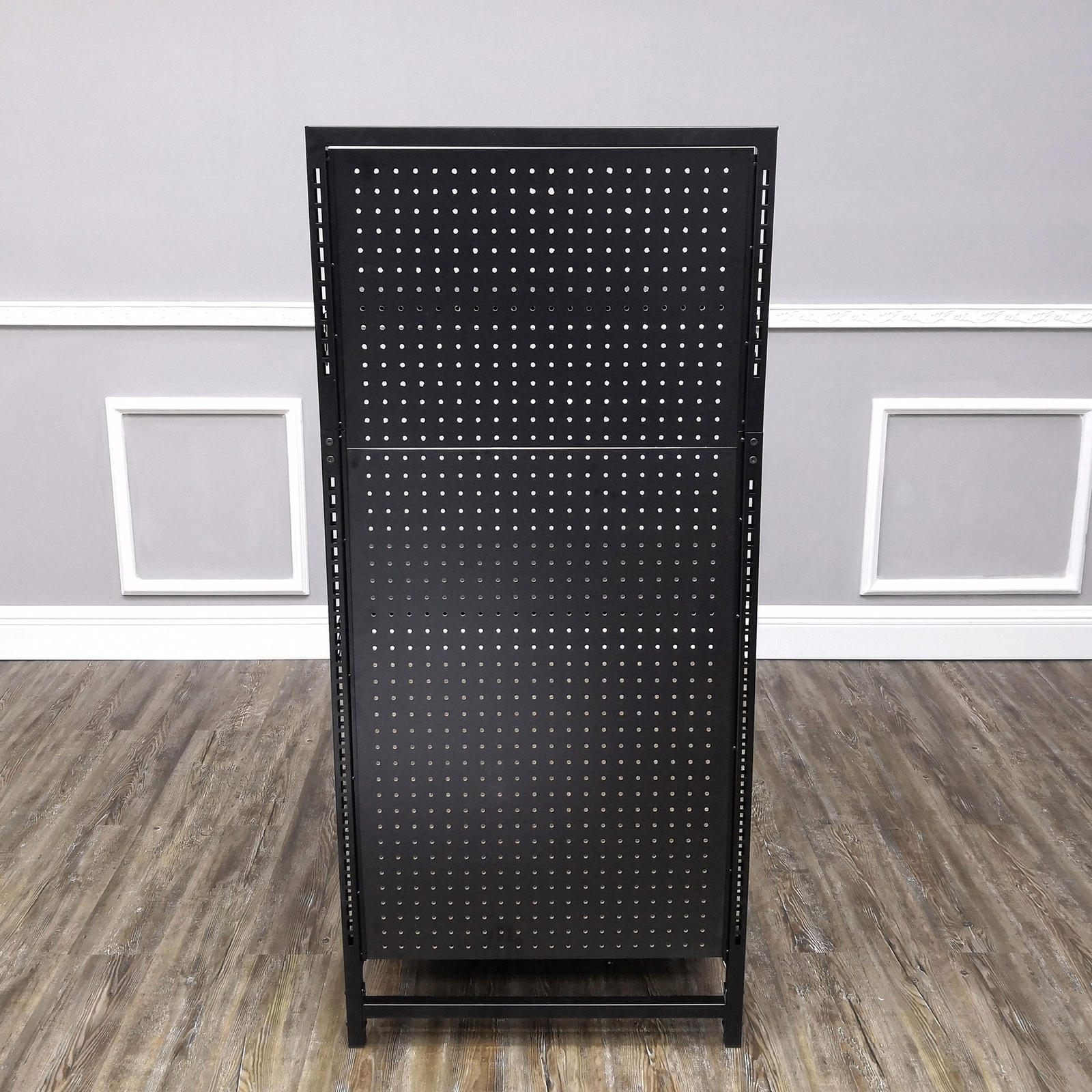 24.0″ Wide Gondola Rack Stand with Two Shelves Black Pegboard Display