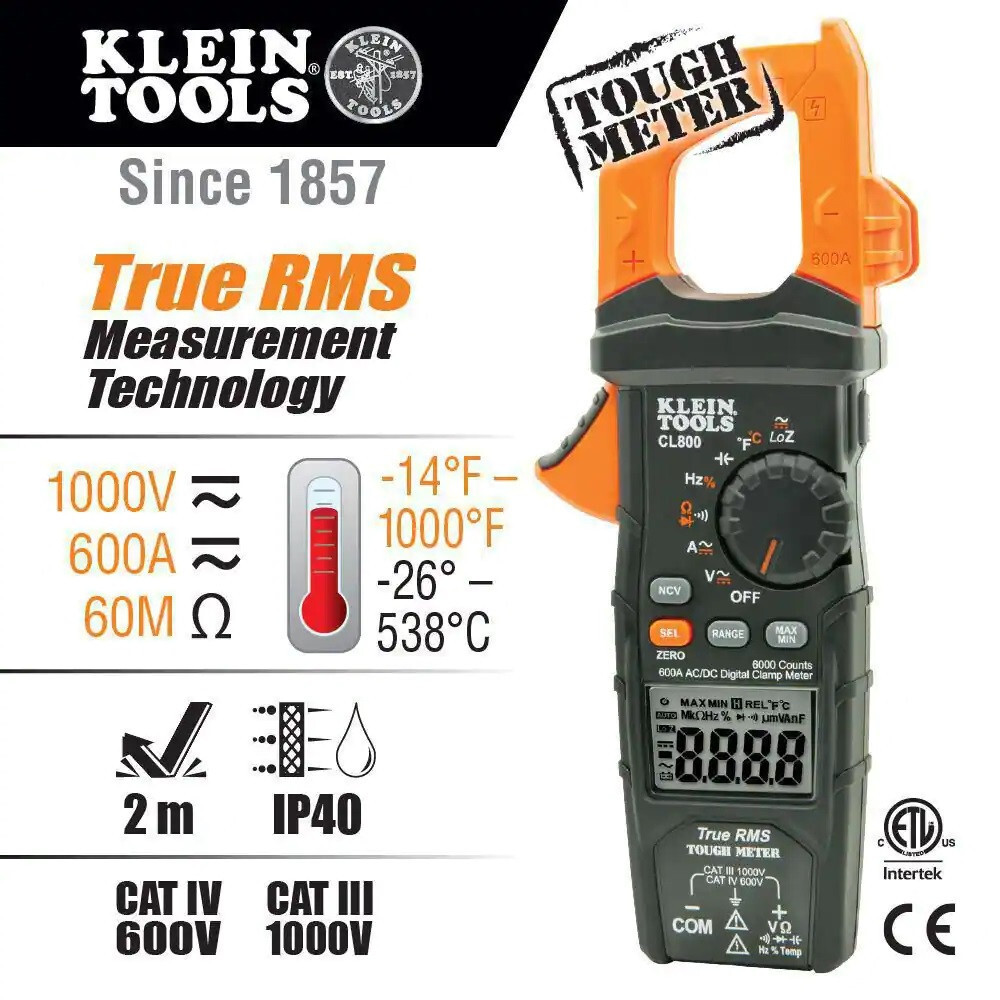 KLEIN Digital AC DC TRMS Auto-Range Clamp Meter Kit Freq Cap Temp Diode 1000 V