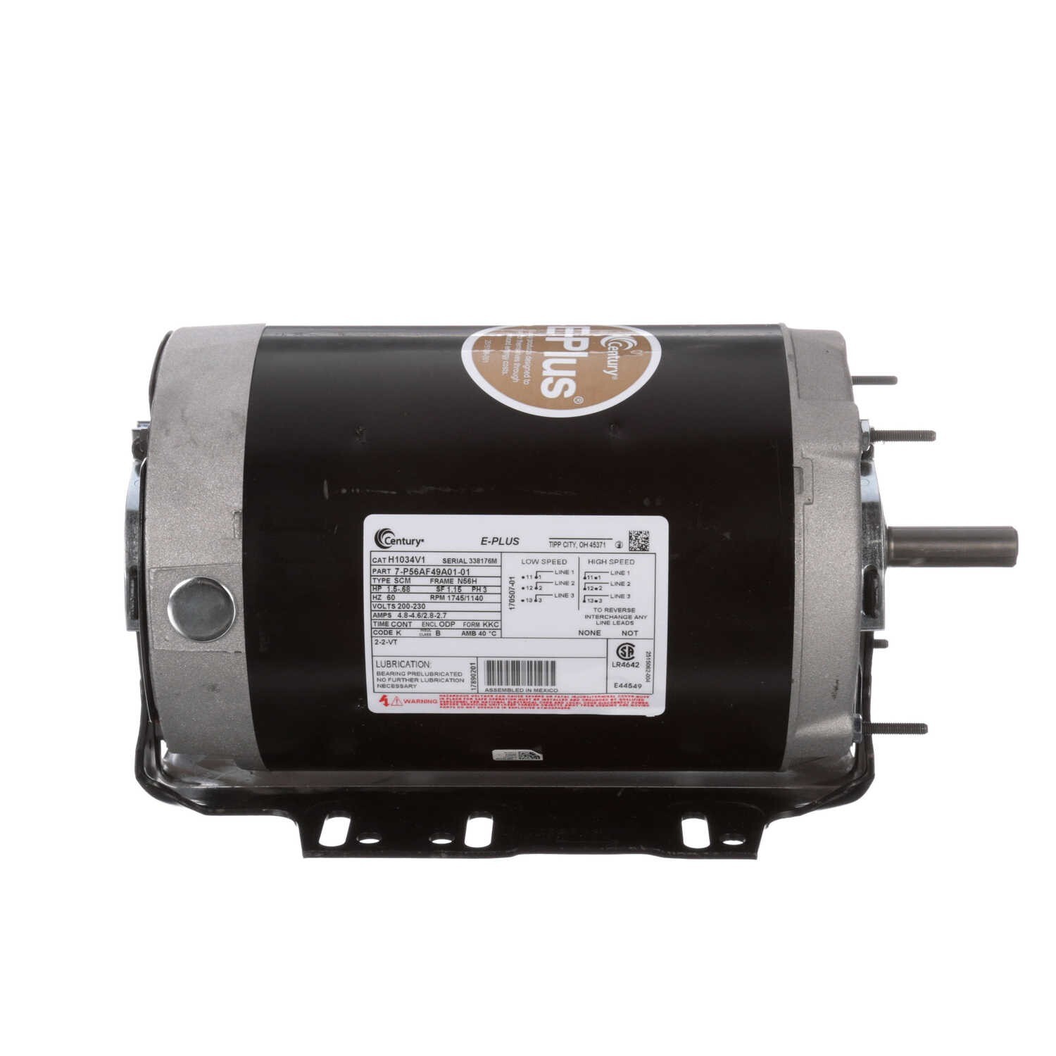 Century H1034V1 Electric Motor 1.5-.68 HP 1800/1200 Rpm 3PH 200-230 V 56H Frame
