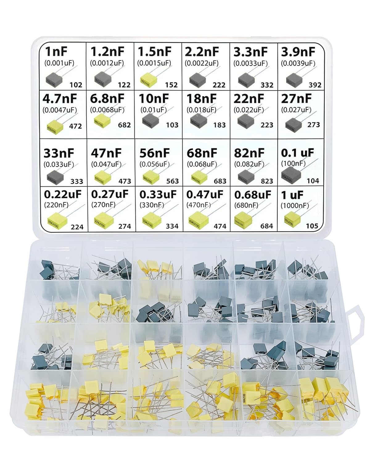 240 PCS Film Box Capacitor Assortment Kit 24 Values 1nF-1uF Polyester MKT