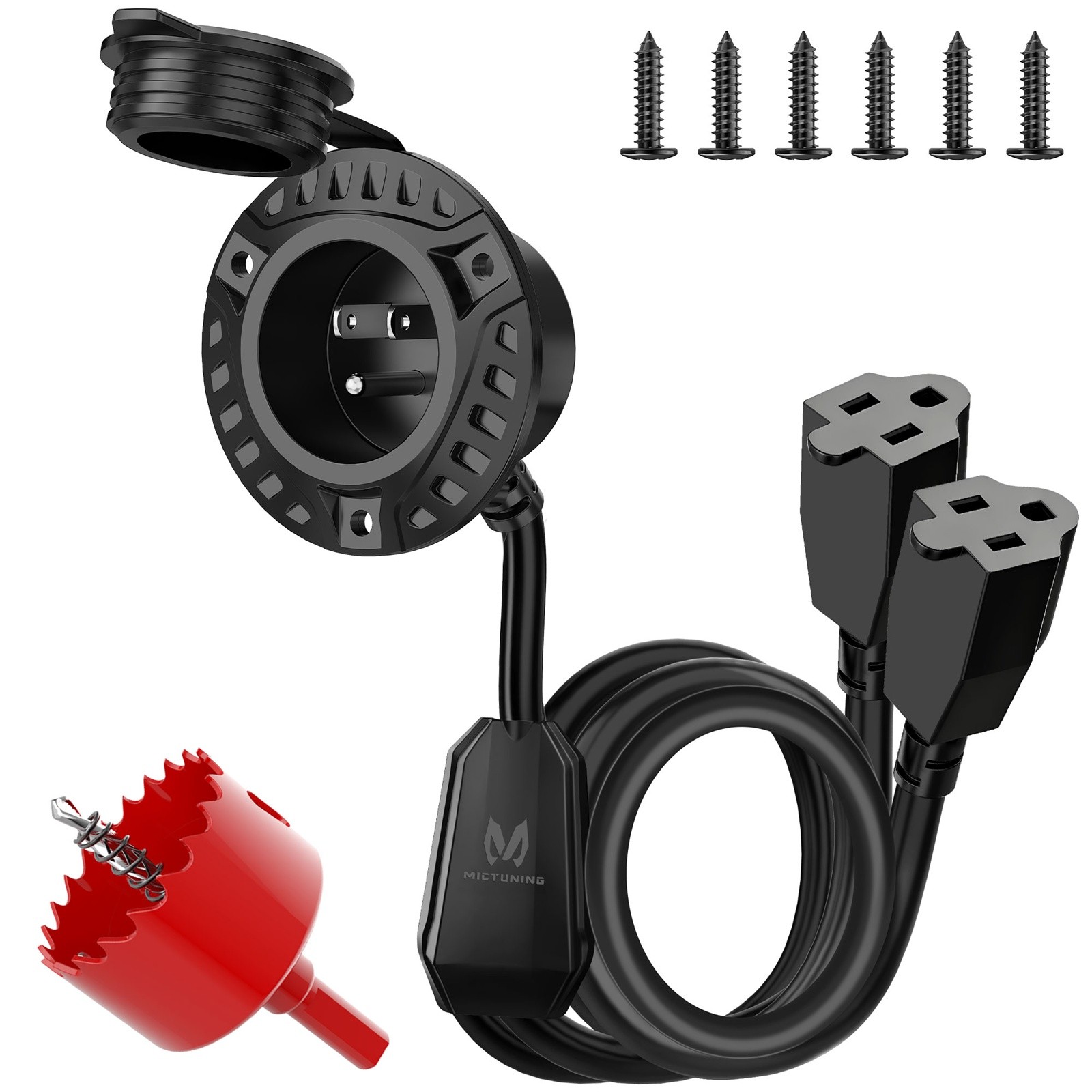 AC Port Plug 15A 125V, RV Shore Power Inlet Dual 20» Extension Cord w/Hole Saw