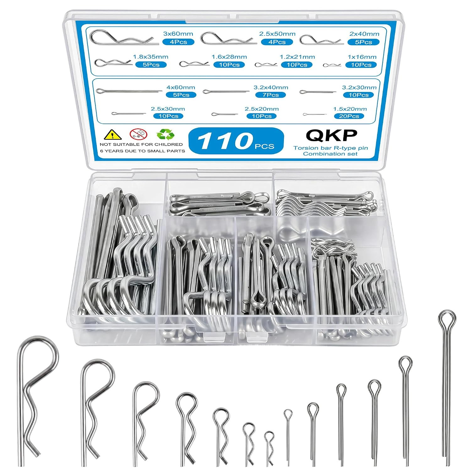 110 PCS Cotter Pin Assortment Kit, 10 Sizes Stainless Steel Cotter Pins & R Clip