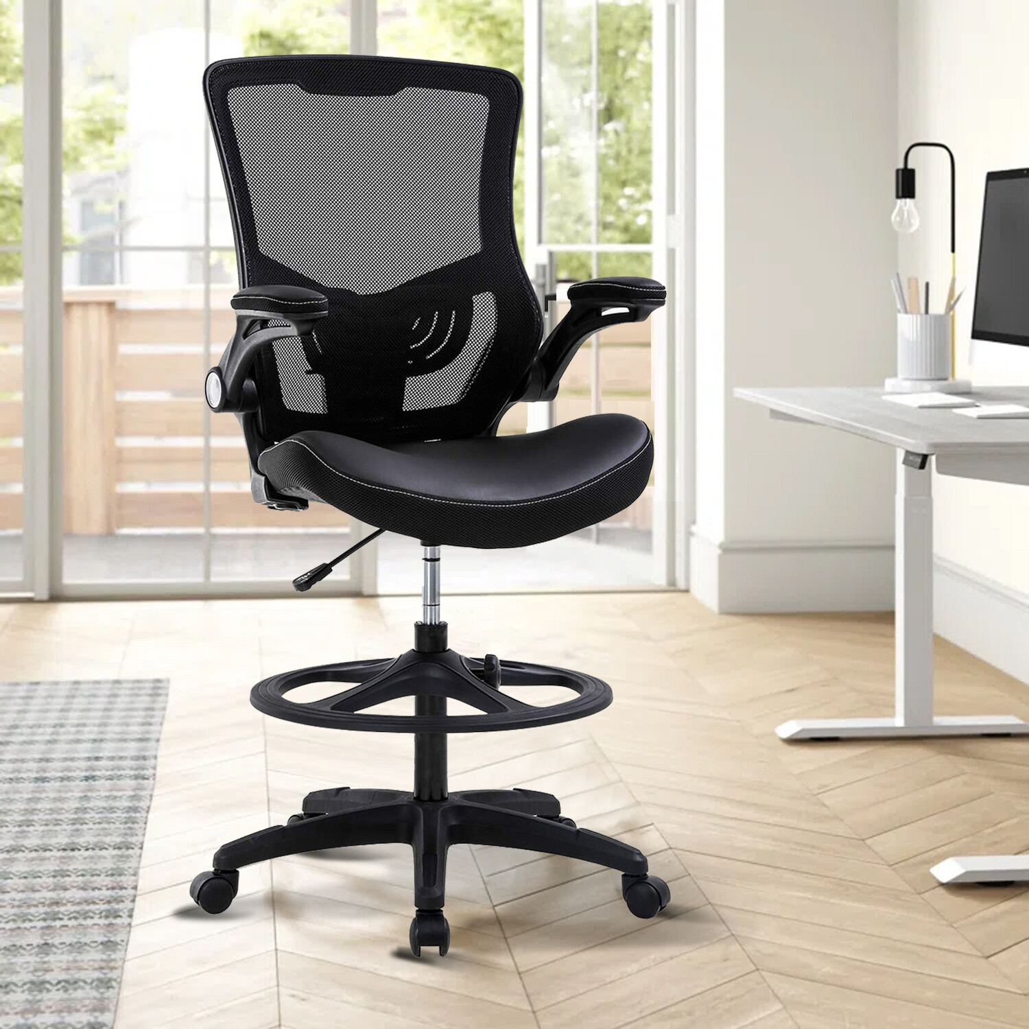 Height Adjustable Rolling Swivel Mesh Drafting Stool Task Executive Chair Black