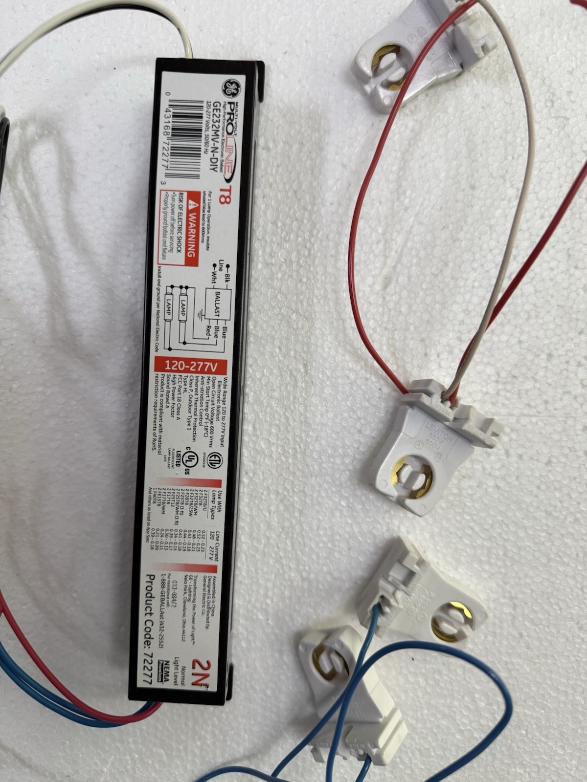 GE232MV-N-DIY T8 Electronic Ballast, Wide Voltage 120-277V, 2N with Lamp Holders