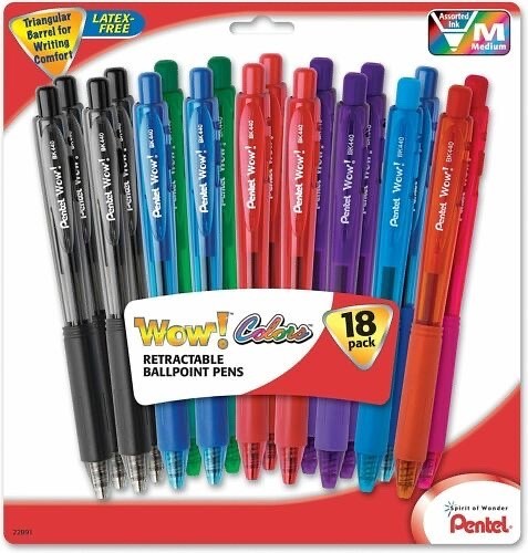 NEW 18-Pack Pentel WOW! COLORS Colored Ink Retractable Ballpoint Pens Medium 1.0
