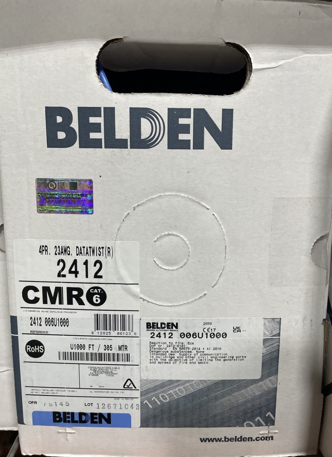 Belden 2412 006U1000 CAT6+ Network Cable 4-Pair U/UTP CMR, 23AWG, 1000 ft, Blue