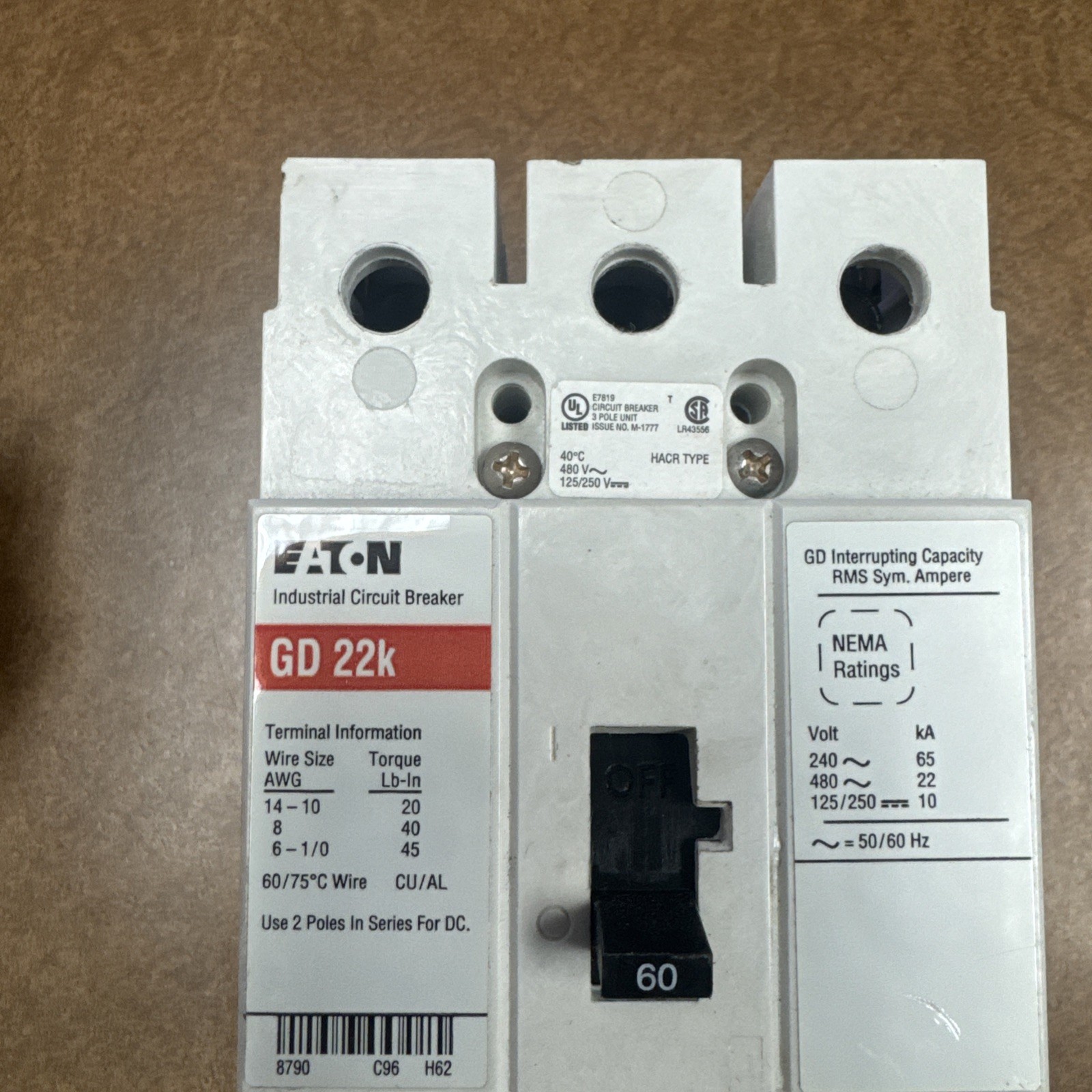 EATON GD22K 60A 3-Pole Circuit Breaker Lightly Used, 3 Pole AC Or 2 Pole DC