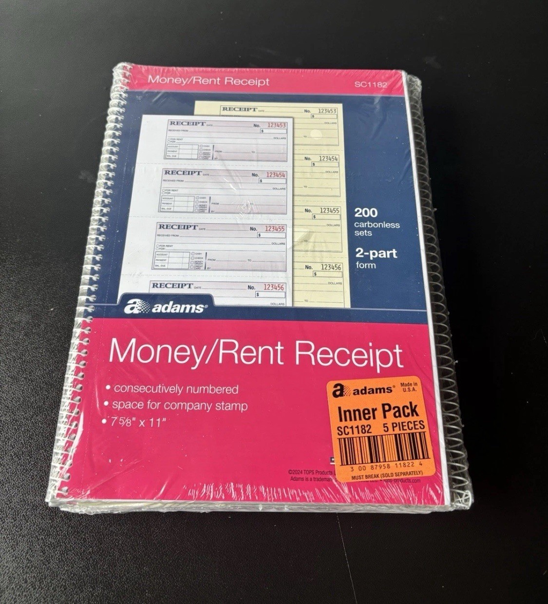 5 Pack Adams SC1182 Money/Rent Receipt Book 2-Part 200 Sets 7-5/8″ x 11″