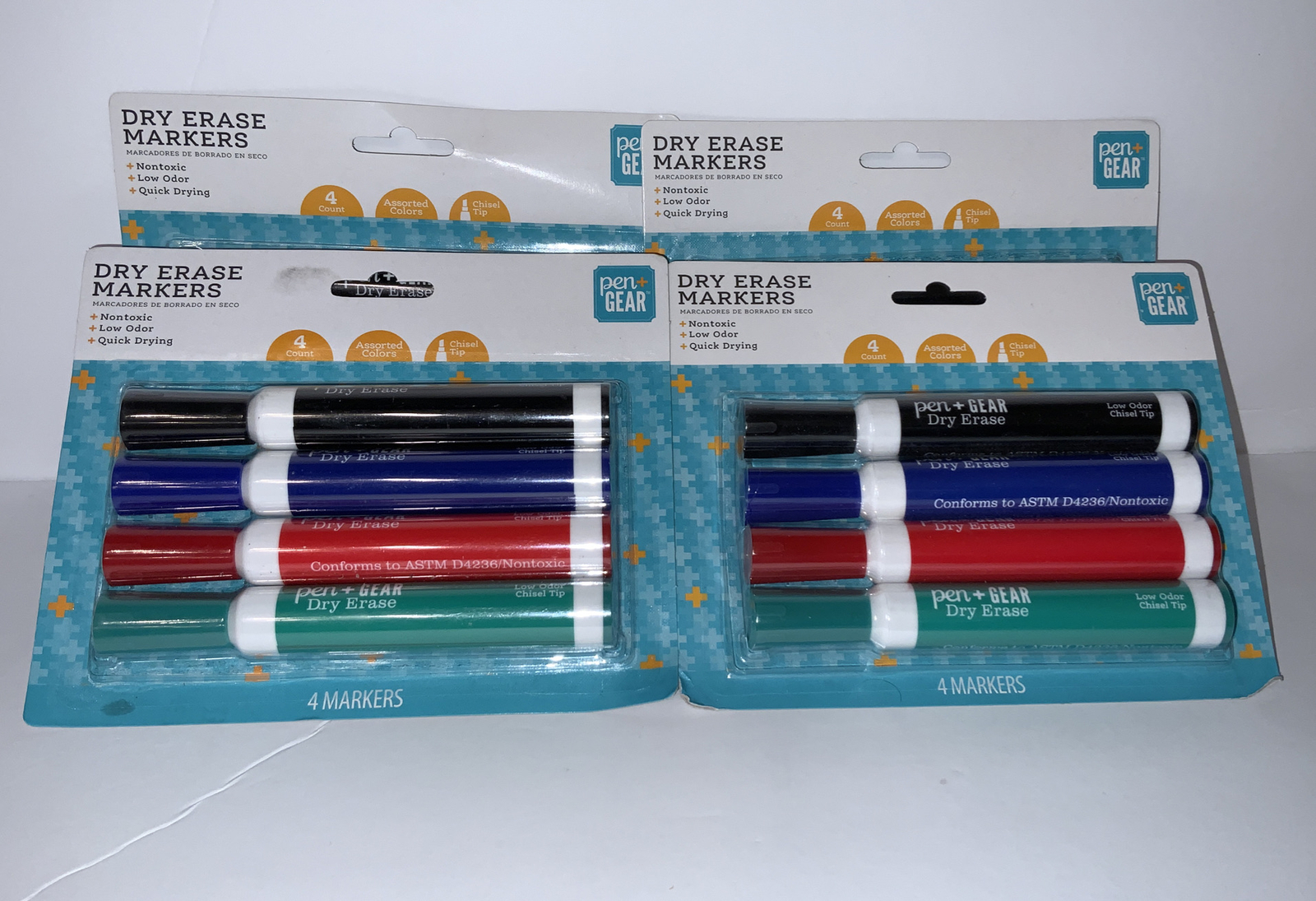 4 Packs Pen + Gear Dry Erase Chisel Tip 4 Count Black Blue Green Red NEW