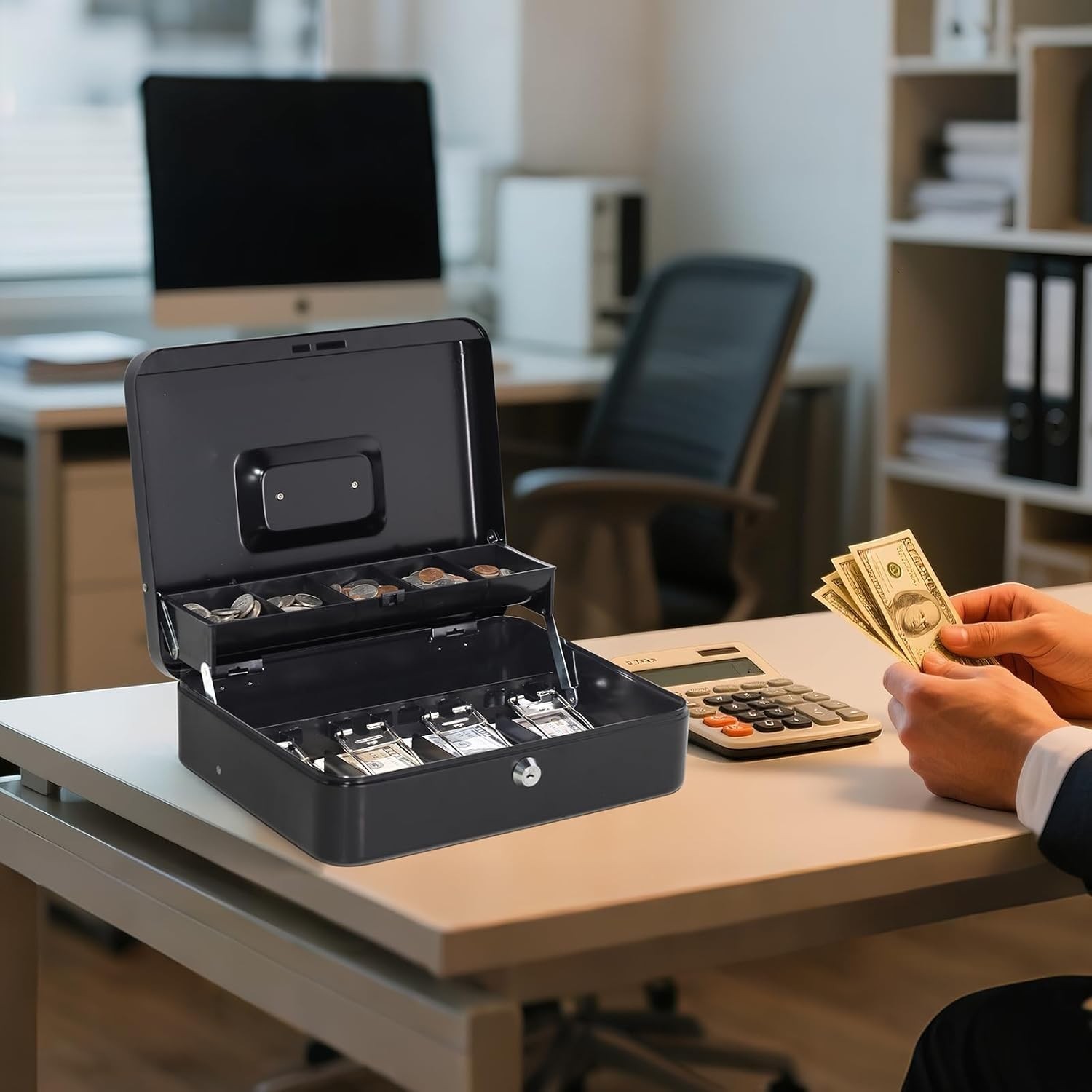 Large Cash Box with Money Tray and Lock – Safe Box for Cash Saving Key Lock M…