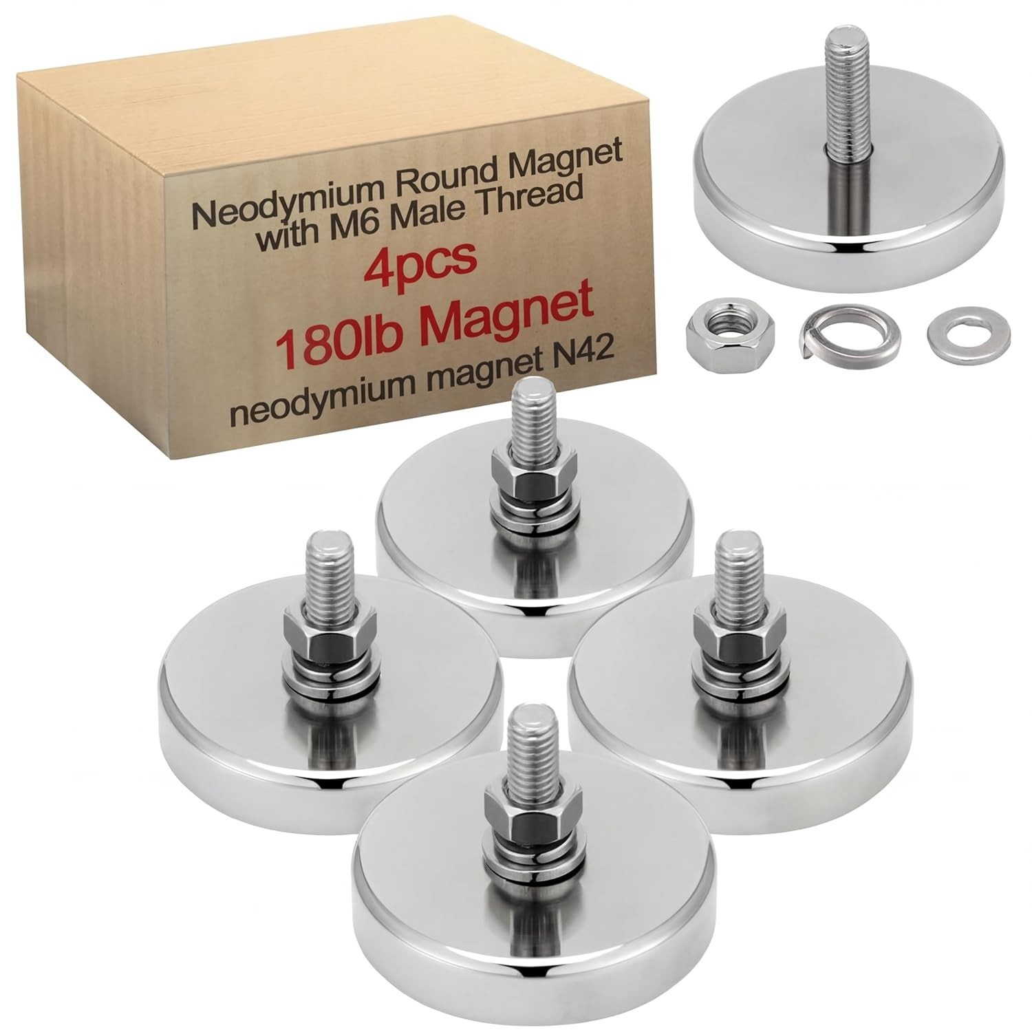 4 Pieces Heavy Duty Neodymium Round Mounting Magnet with Bolt 1.65in-180lb-M6…