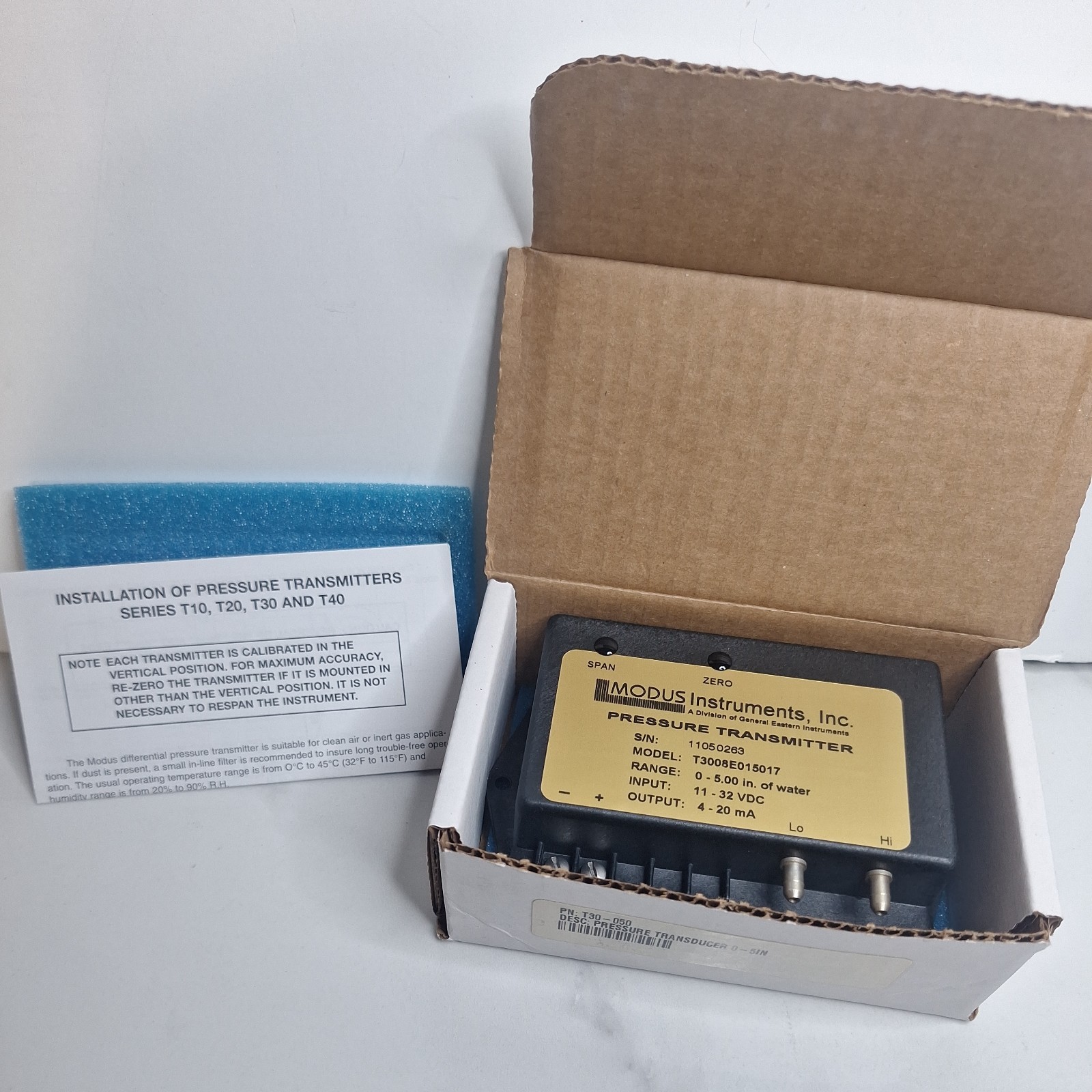 Modus Instruments T30-050 T3008E015017 Press.Range 0-5.0 In of Water Out: 4-20mA