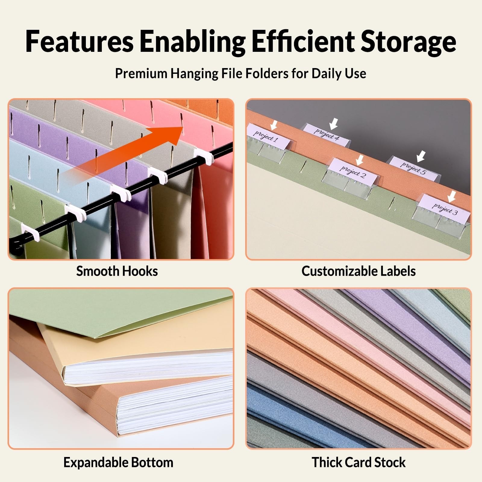 SUNEE Hanging File Folders, 50 Pack Letter Size Hanging File Folders with 1/5-cu