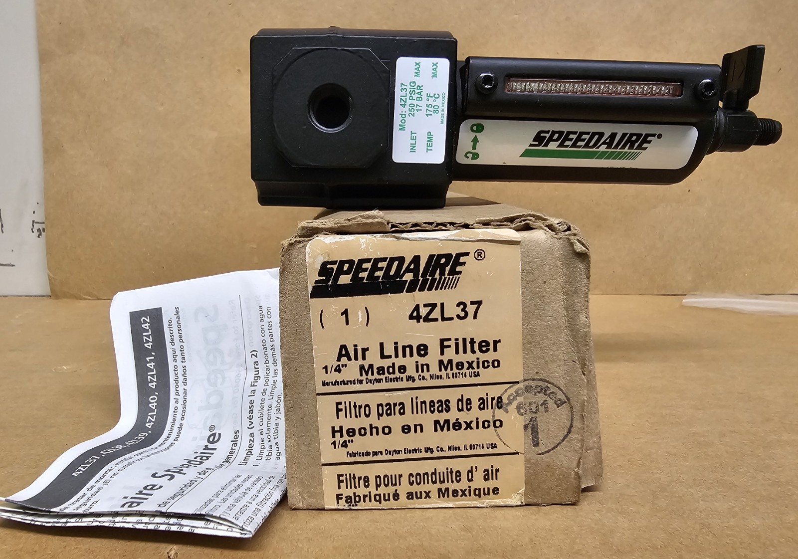 SPEEDAIRE 4ZL37 AIR LINE FILTER 1/4″ INLET 250 PSIG