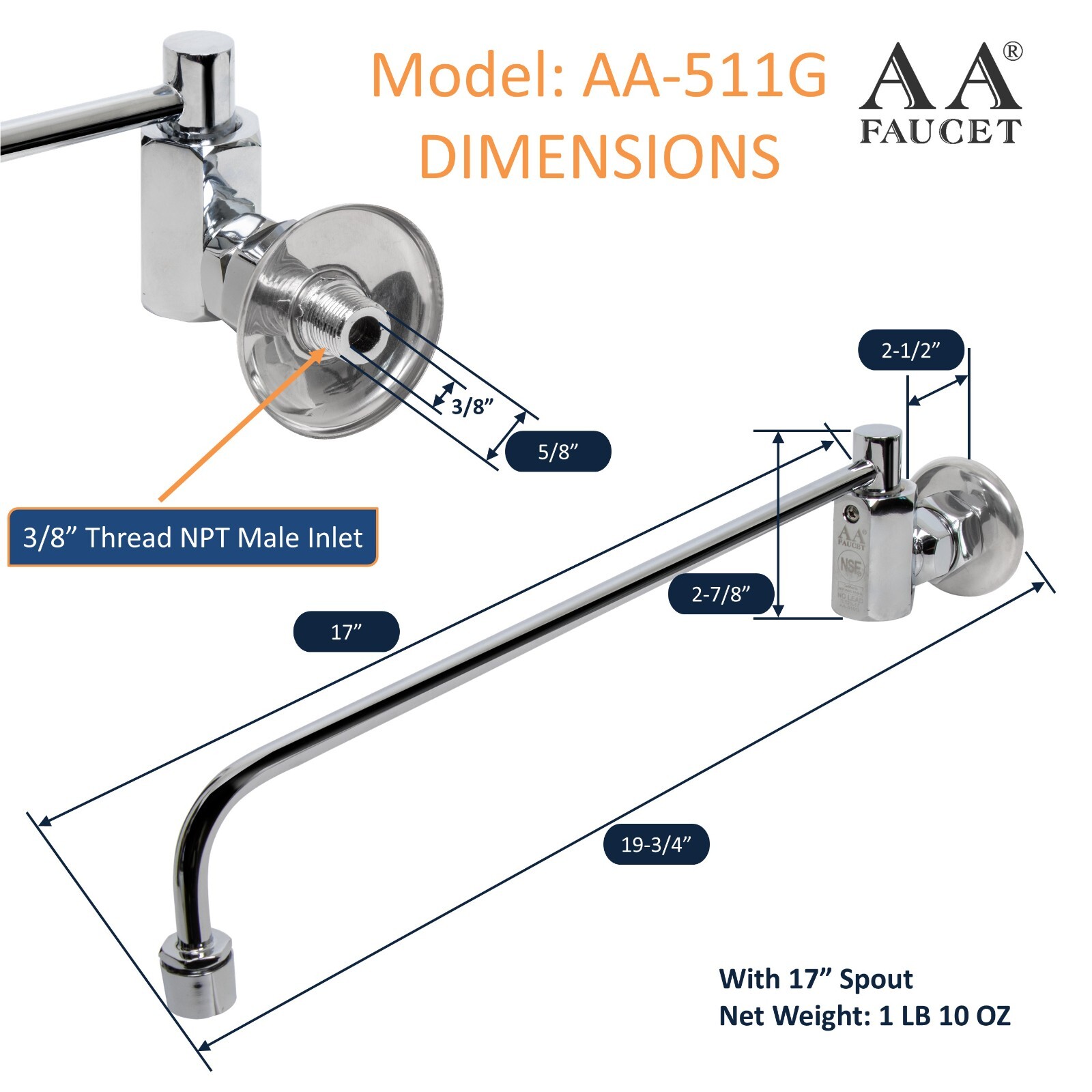 AA Faucet Wok Range Automatic No Lead Faucet 17″ Spout 3/8″ Male Inlet AA-511G