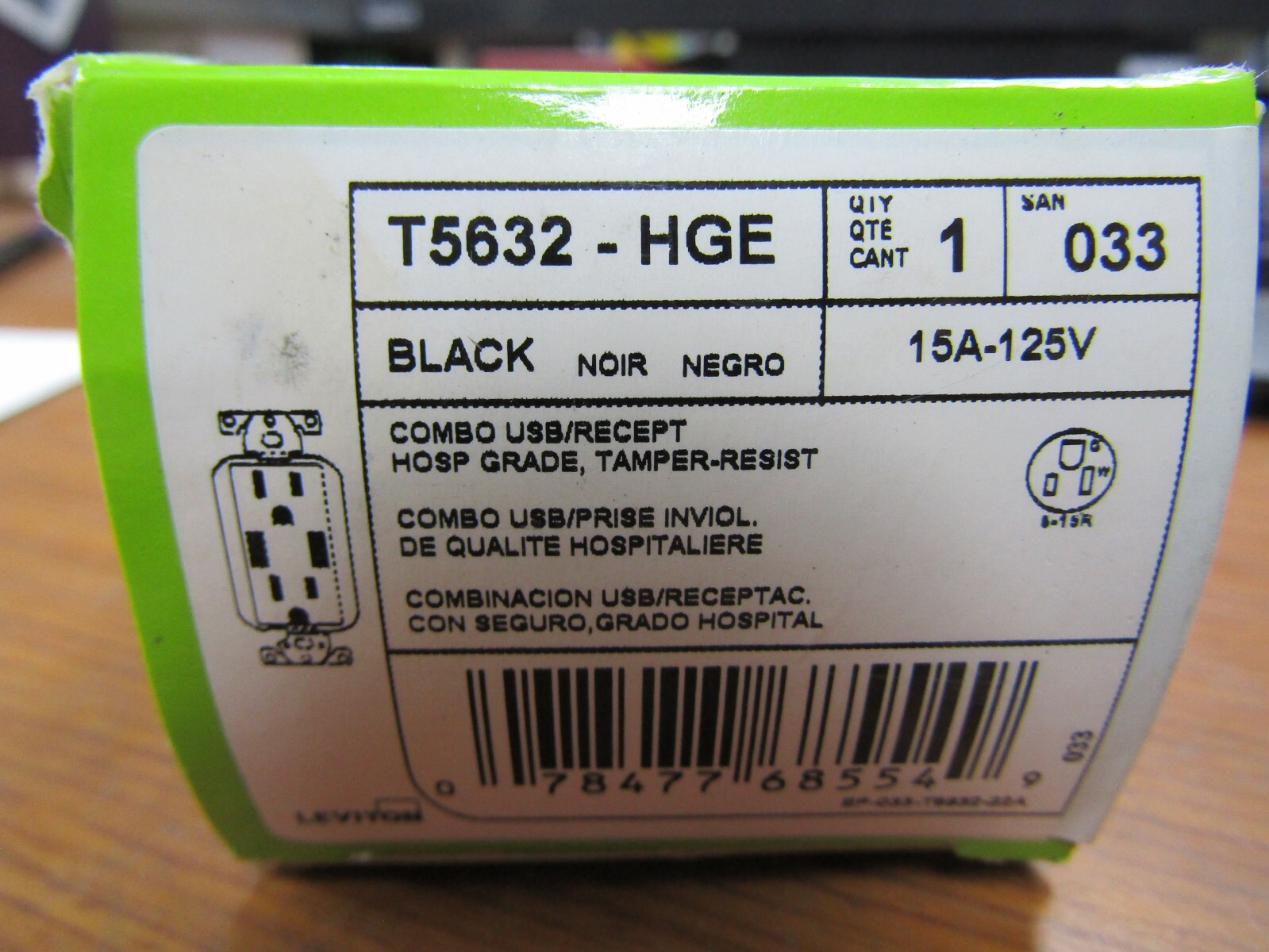 💥NEW LEVITON 15 AMP BLACK COMBO USB / RECEPTACLE 125 VAC T5632-HGE