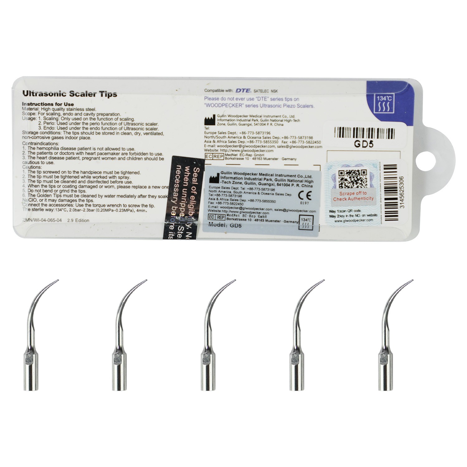 DTE Dental Ultrasonic Scaler Tips GD5 5pc/pk Fit for NSK & Satelec Scaler